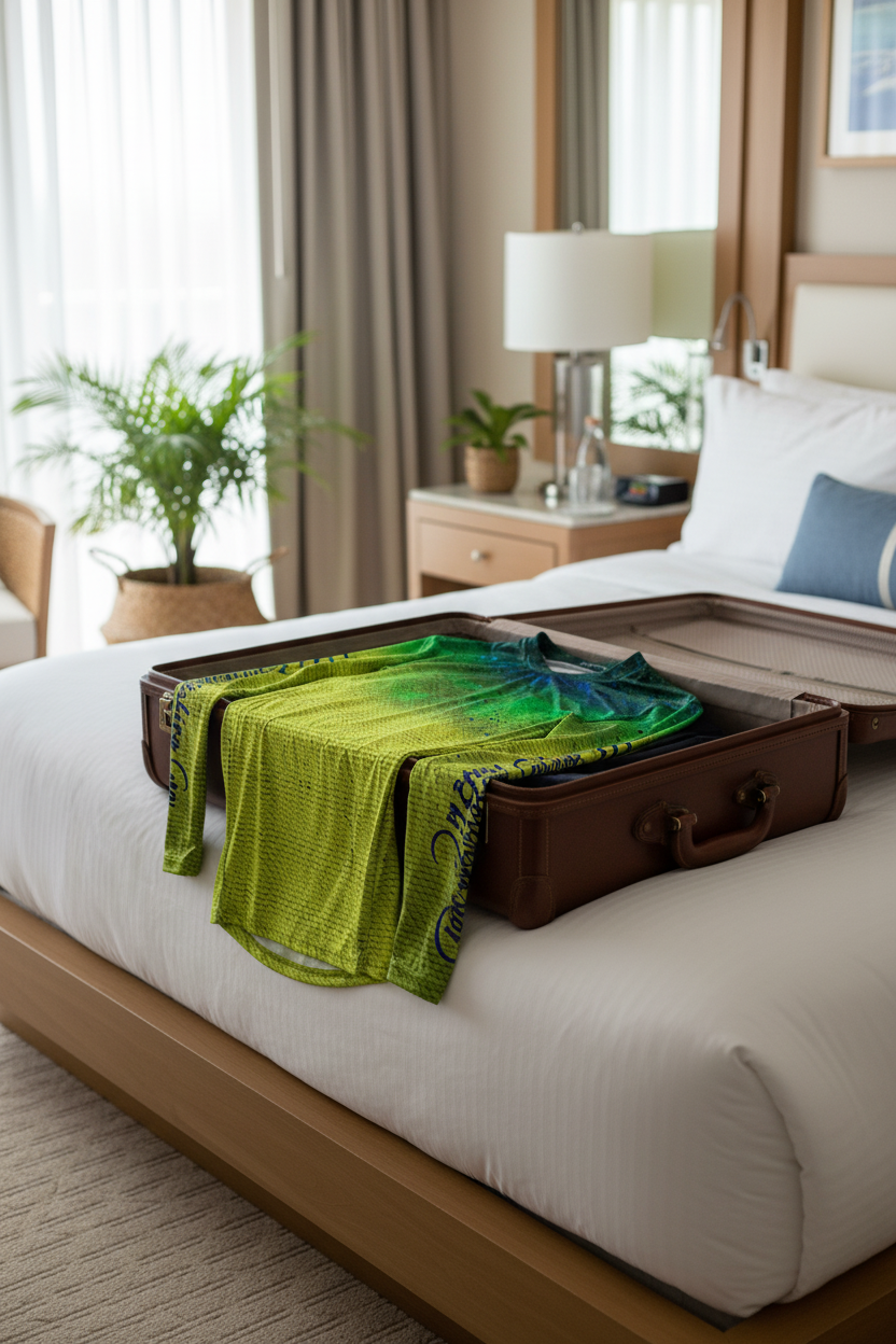 Gradient green to yellow long-sleeve shirt with brand logos on a white background