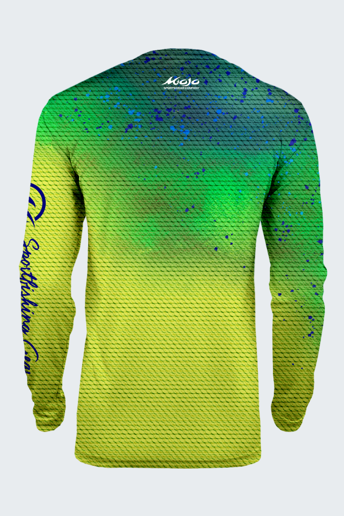 Gradient green to yellow long-sleeve shirt with brand logos on a white background