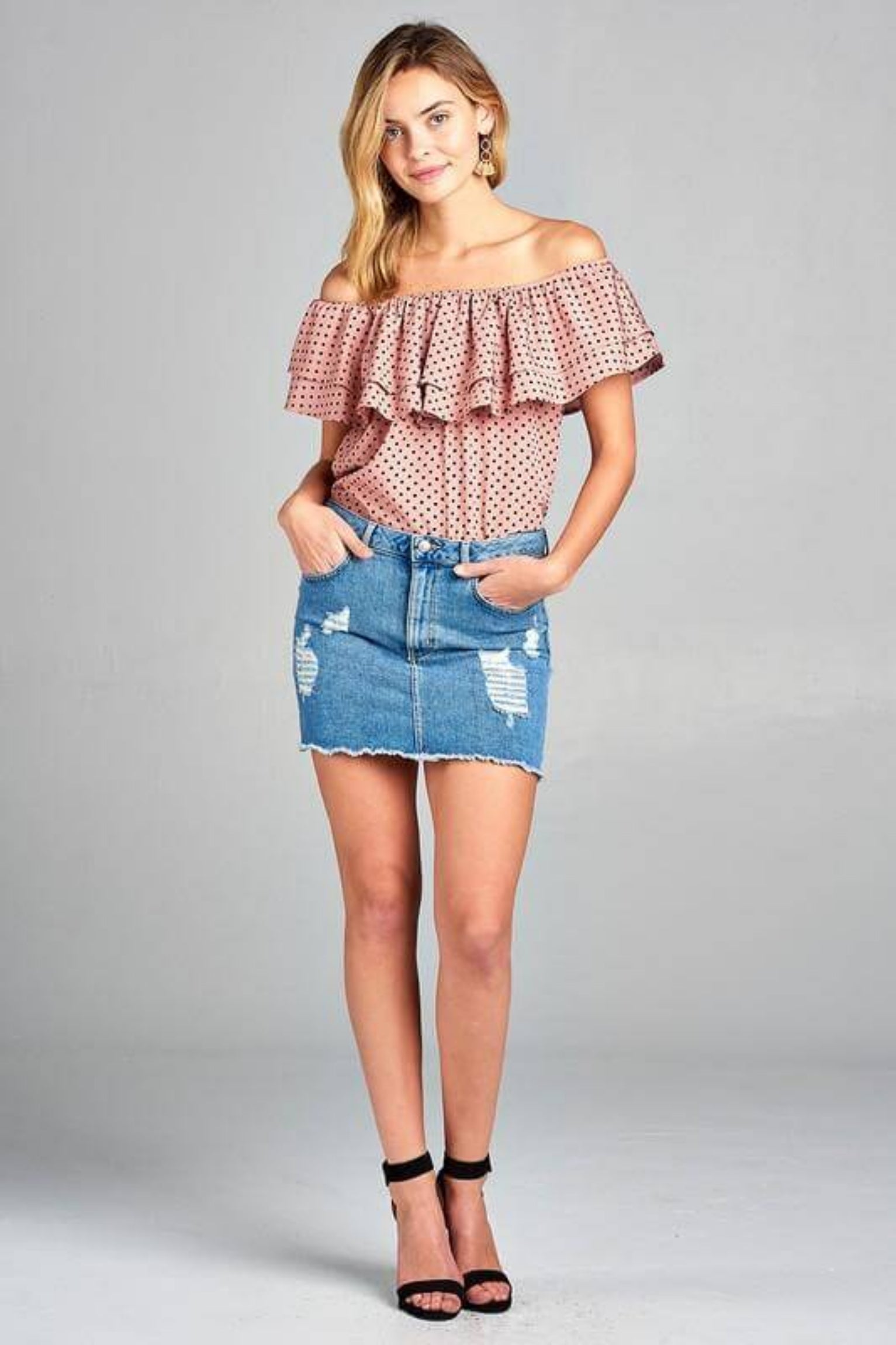 Double Ruffle Off Shoulder Polka Dot Top