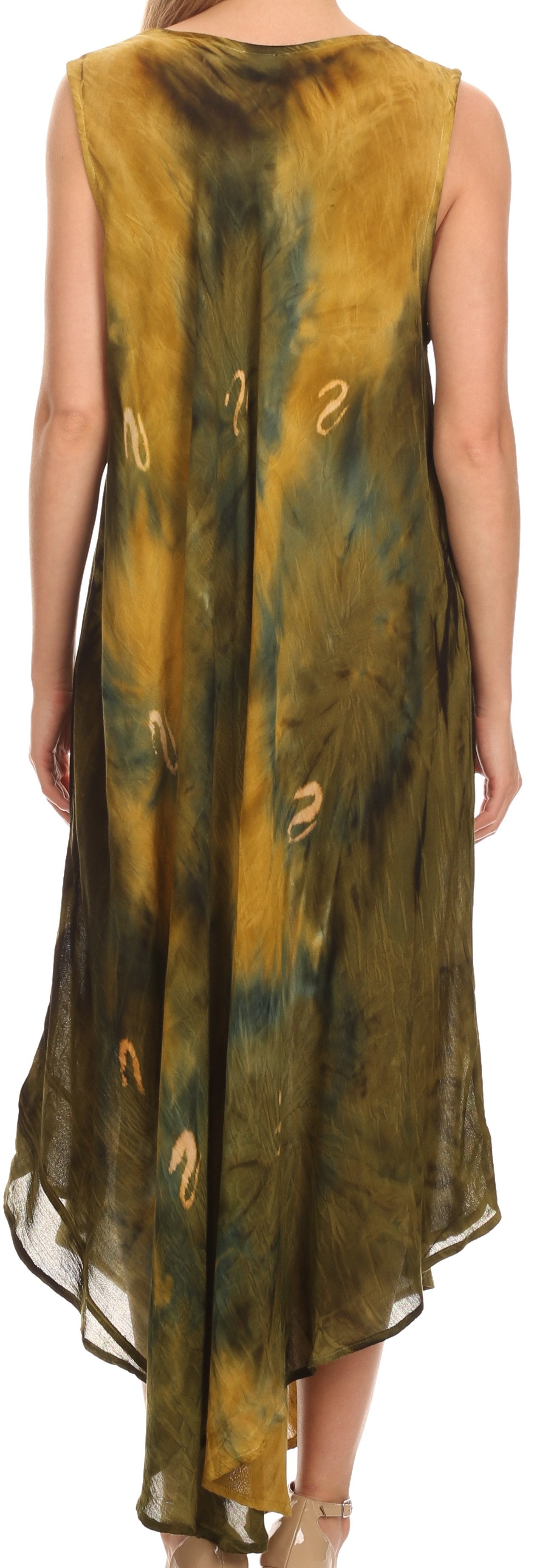 Long, sleeveless dress with a tie-dye pattern in shades of green and brown.