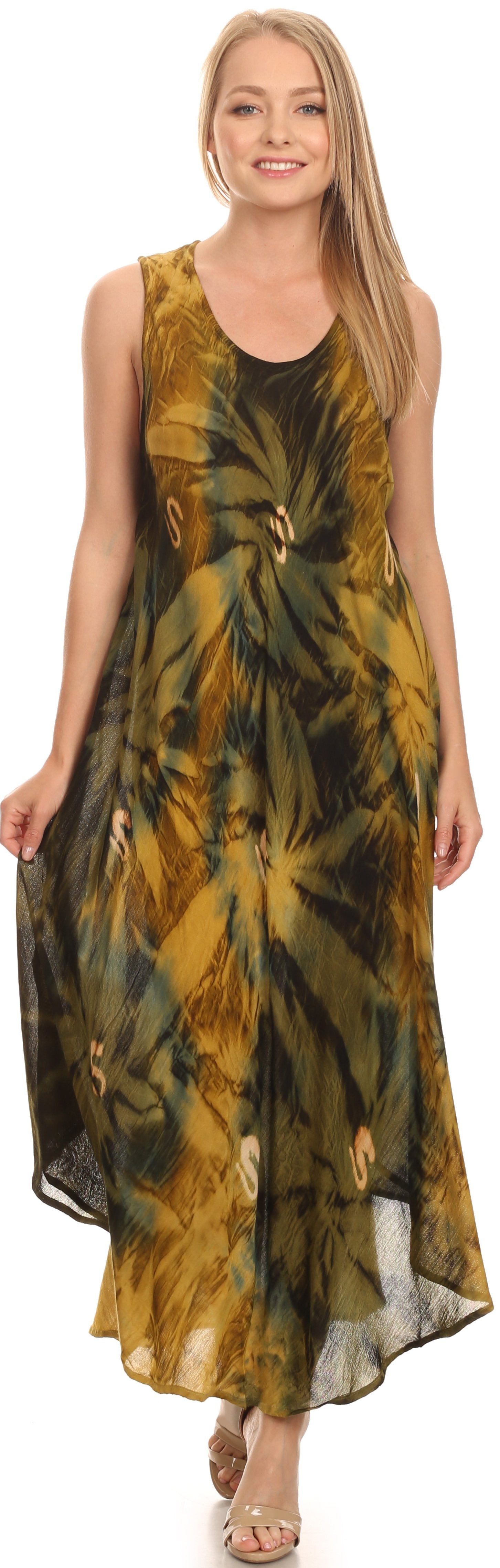 Woman wearing a tie-dye dress on a white background