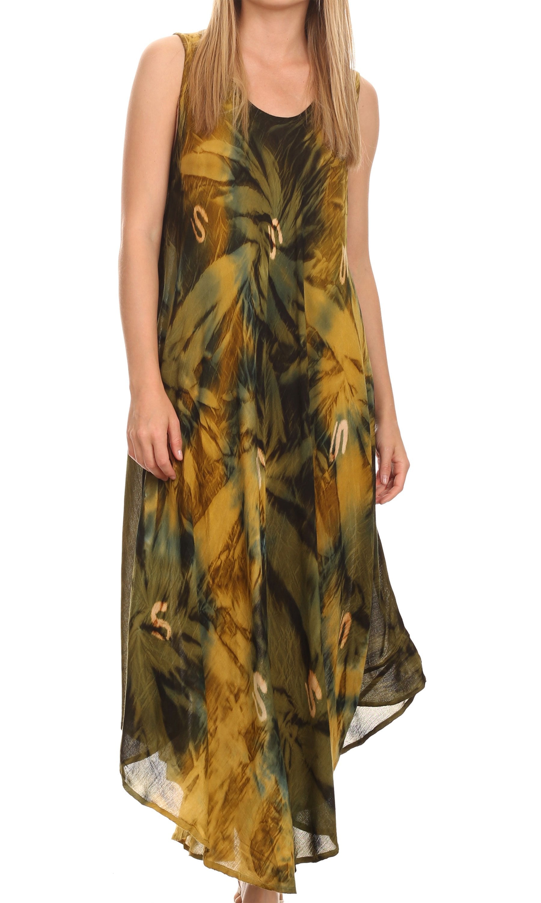 Woman wearing a long, sleeveless dress with a floral pattern on a white background