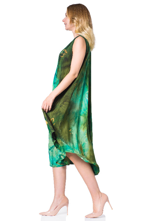 Woman wearing a green dress with floral patterns on a white background