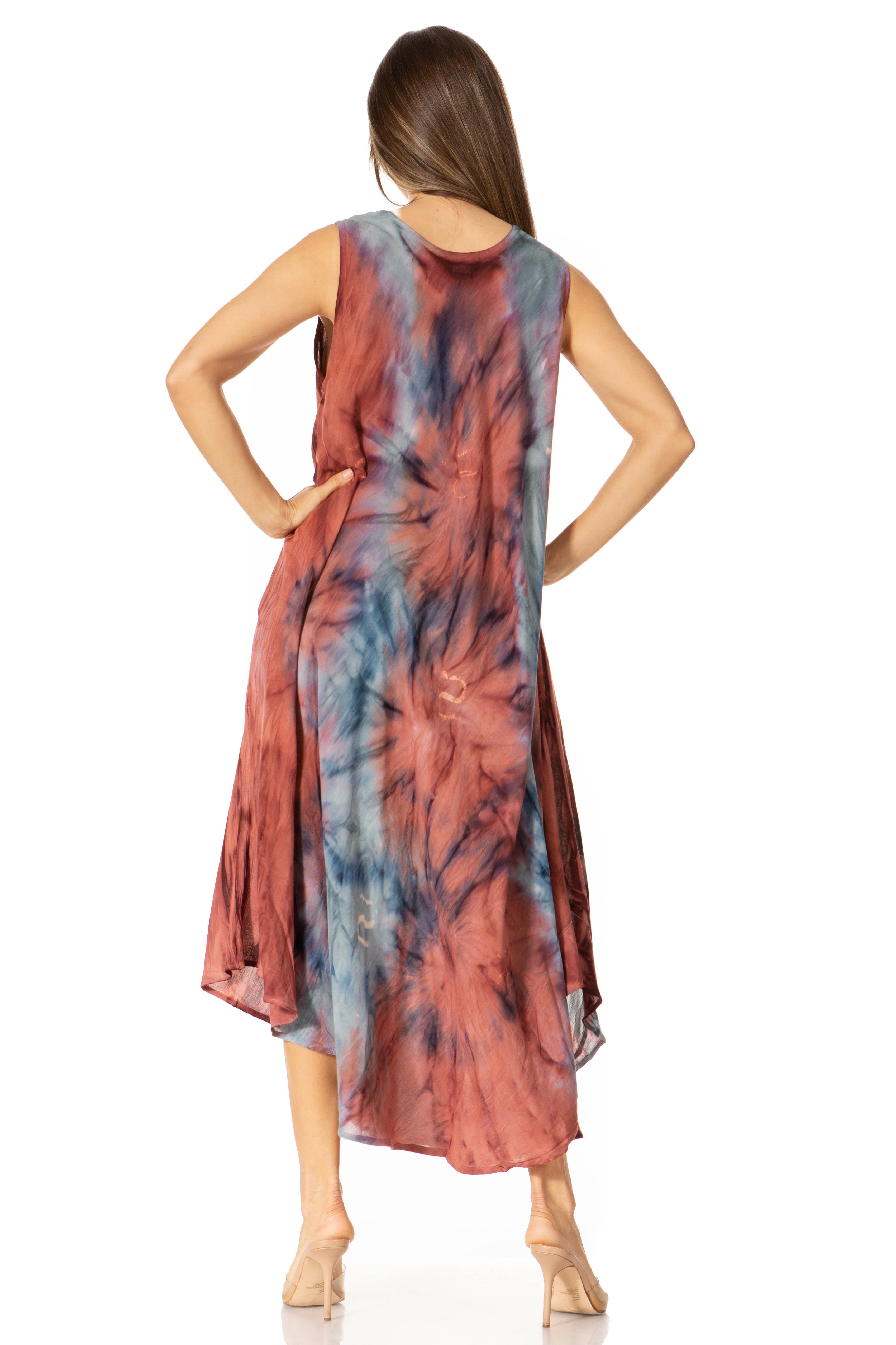 Woman wearing a tie-dye dress on a white background