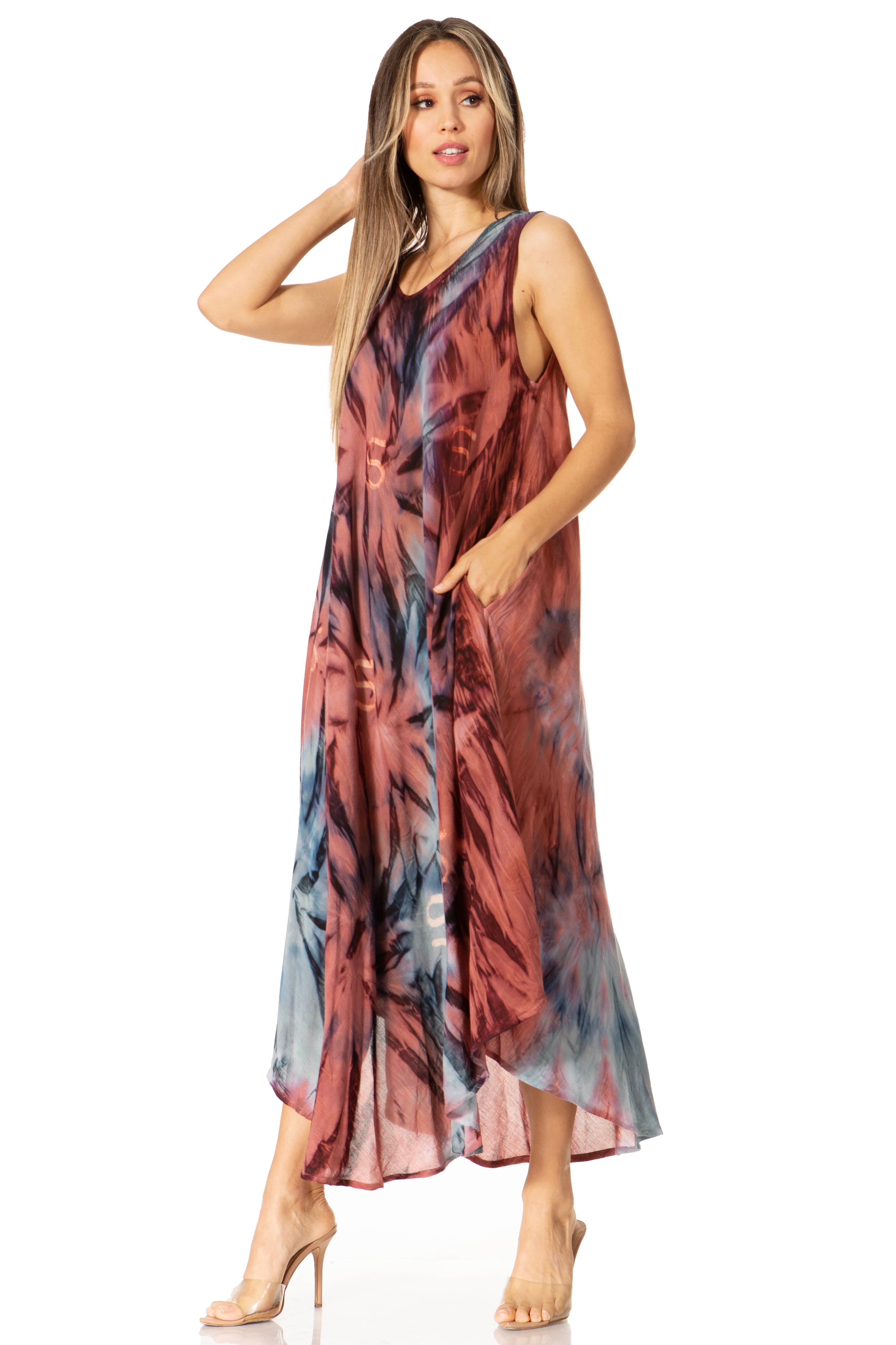 Woman wearing a sleeveless, tie-dye dress on a white background