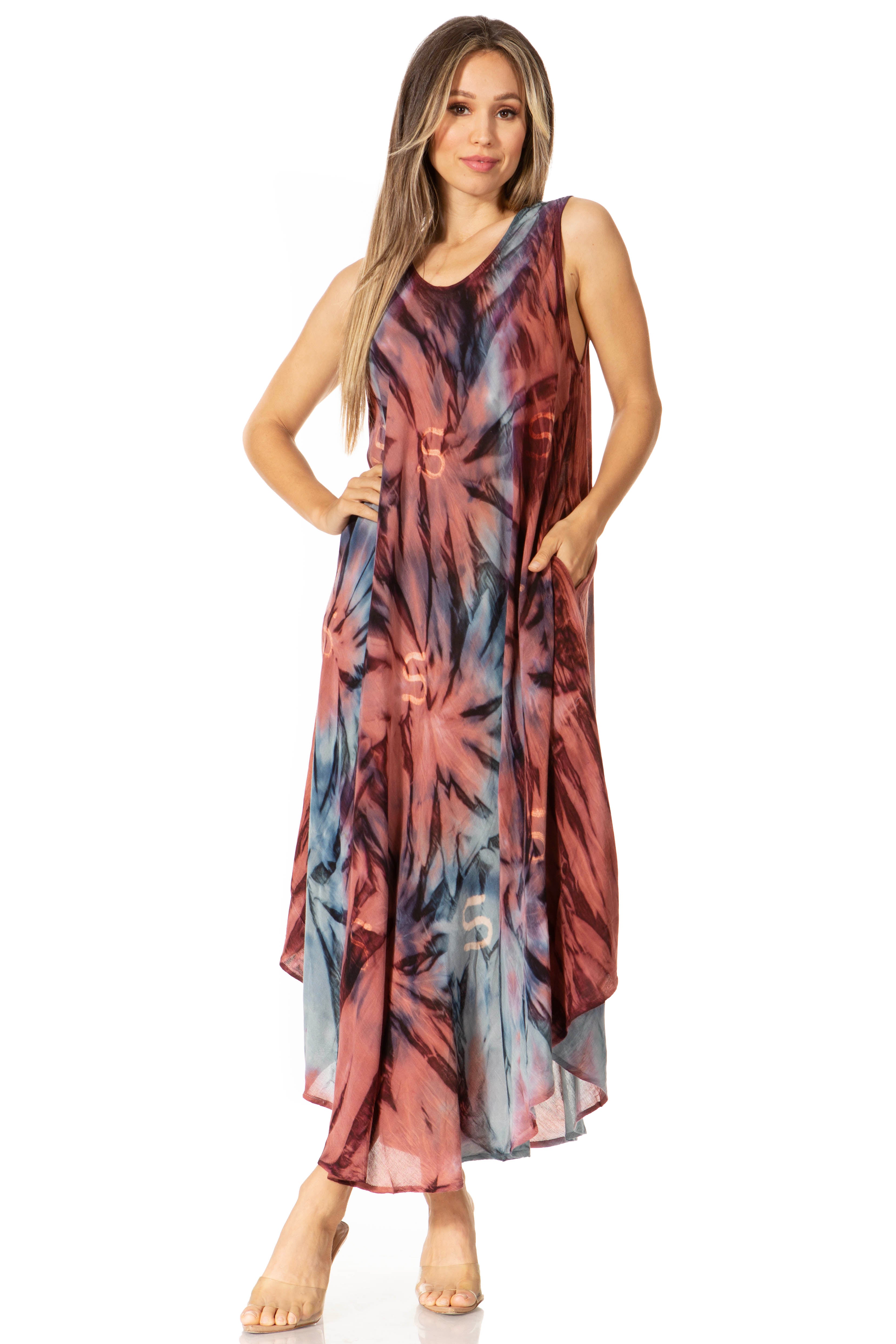 Woman wearing a tie-dye dress on a white background