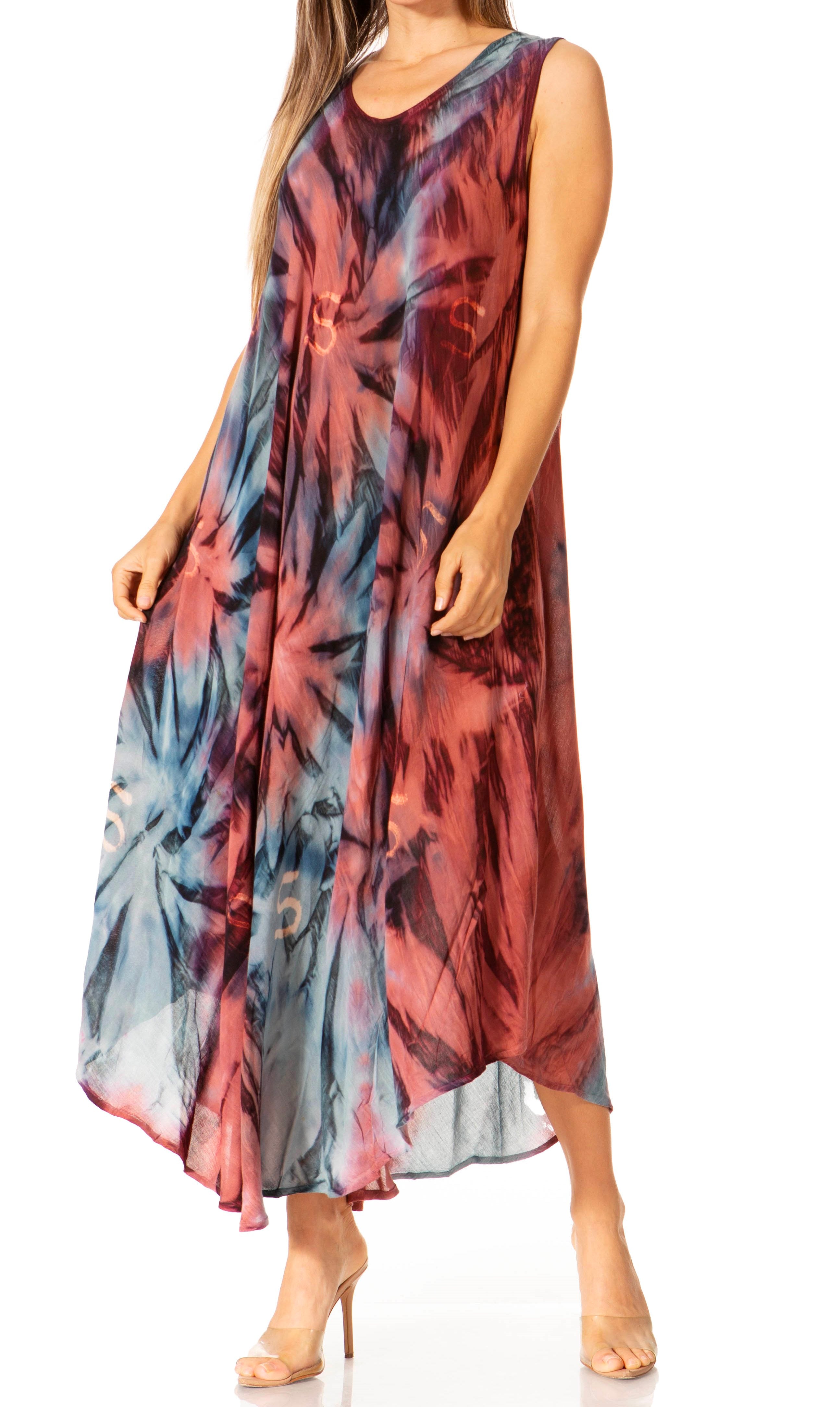 Woman wearing a tie-dye dress on a white background
