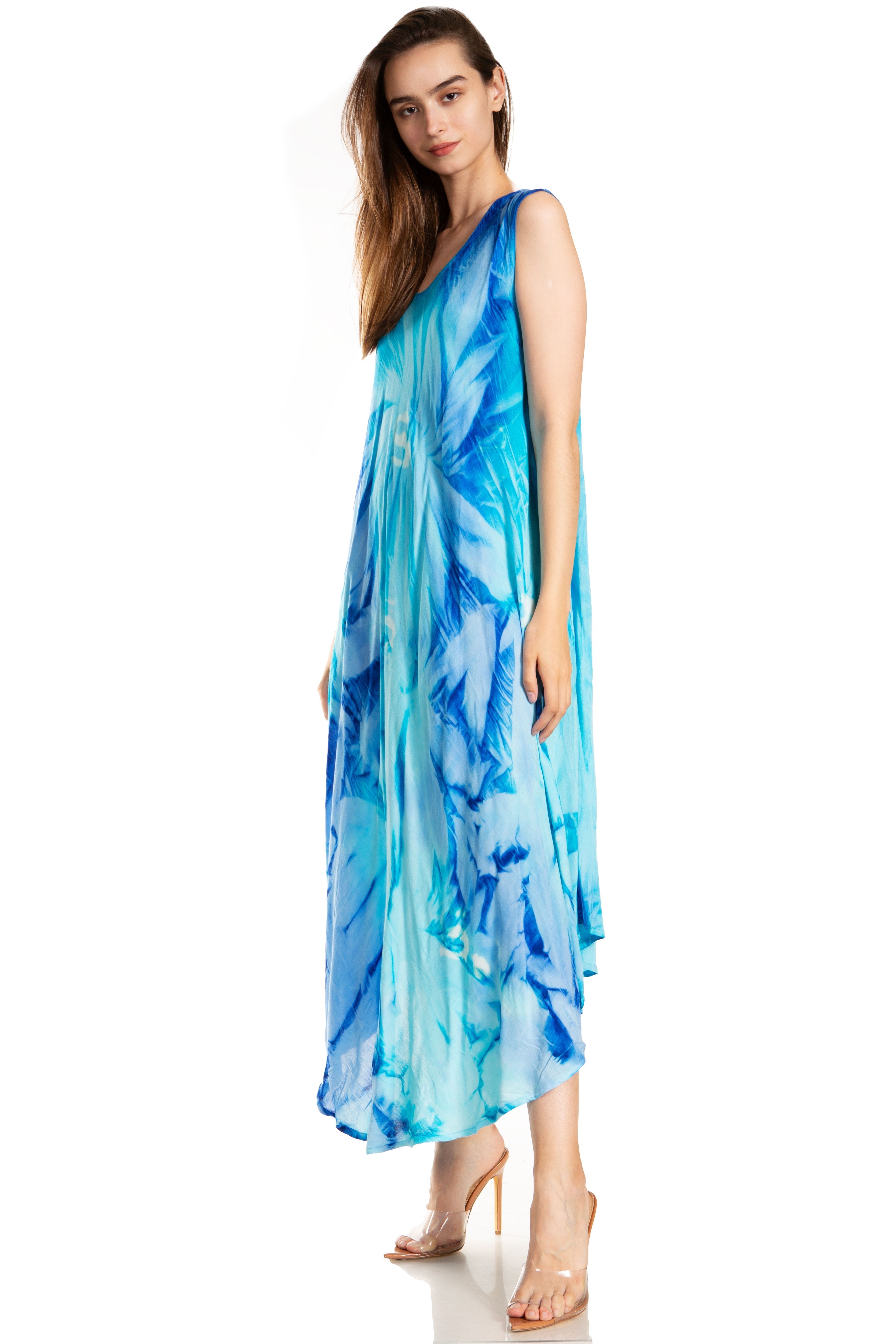 Woman wearing a blue floral dress on a white background