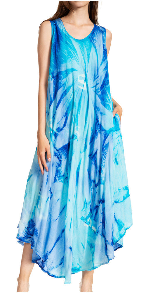 Blue tie-dye dress worn by a model on a white background