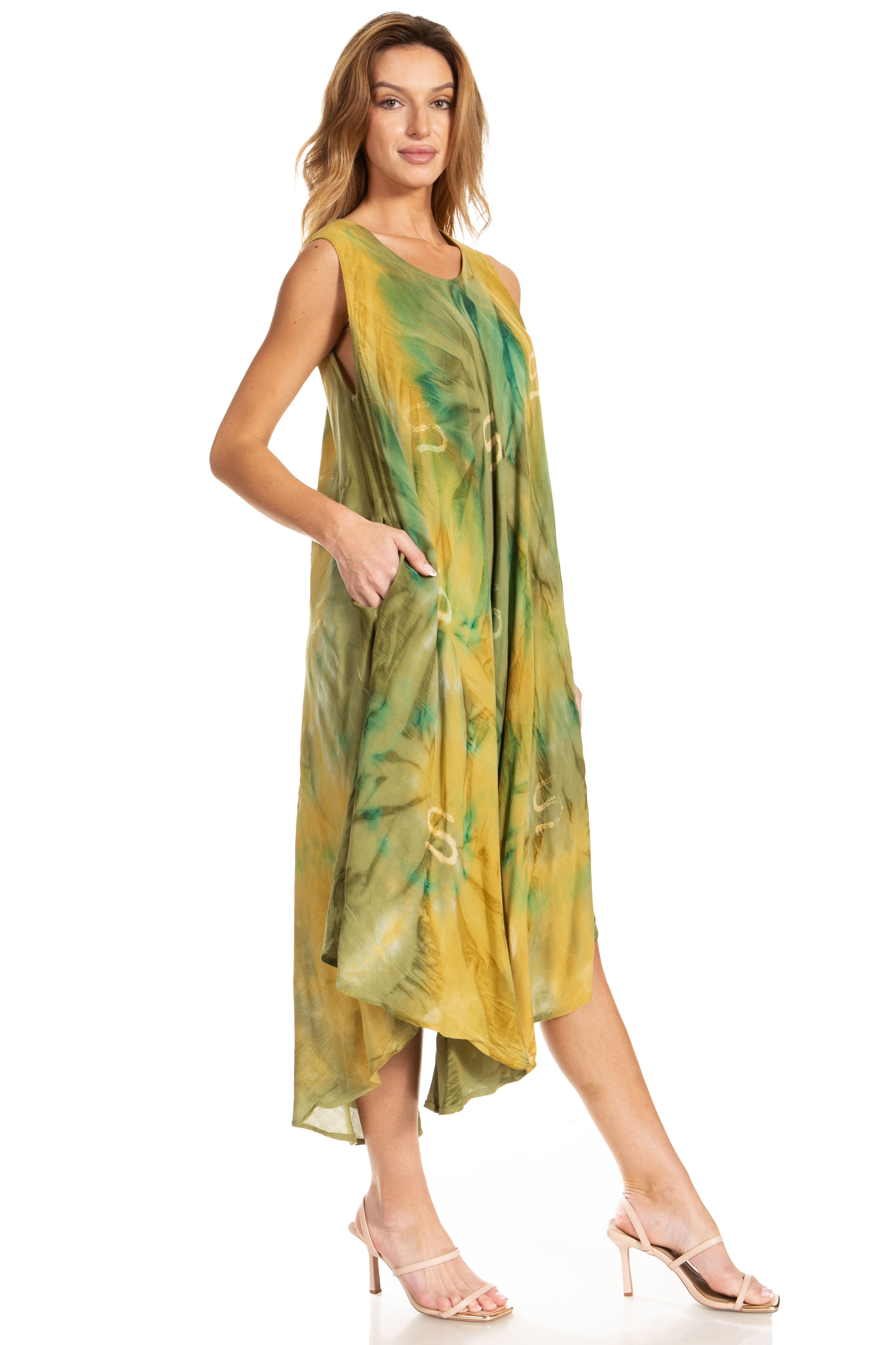 Woman wearing a green and yellow patterned dress on a white background
