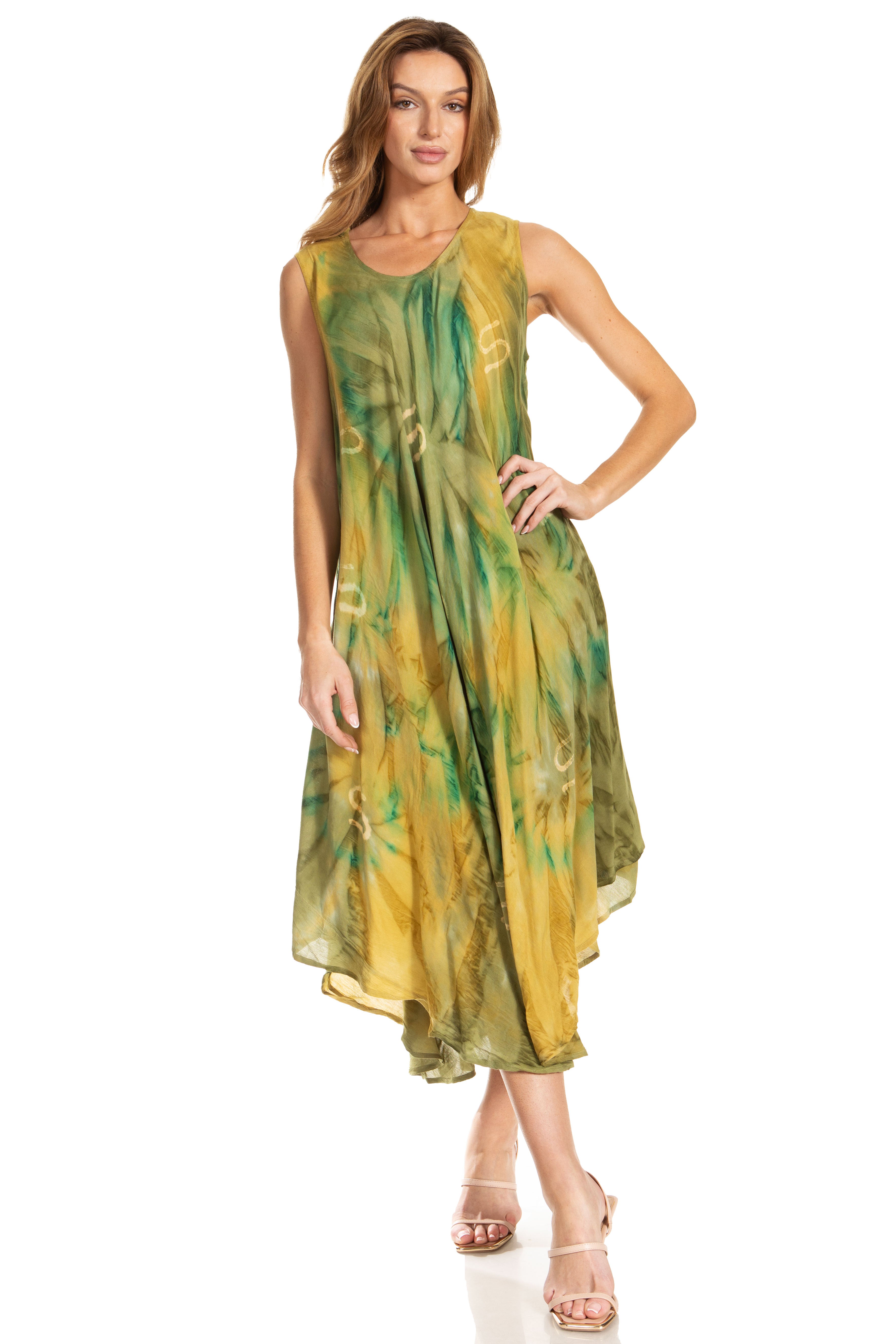 Woman wearing a yellow and green patterned dress on a white background