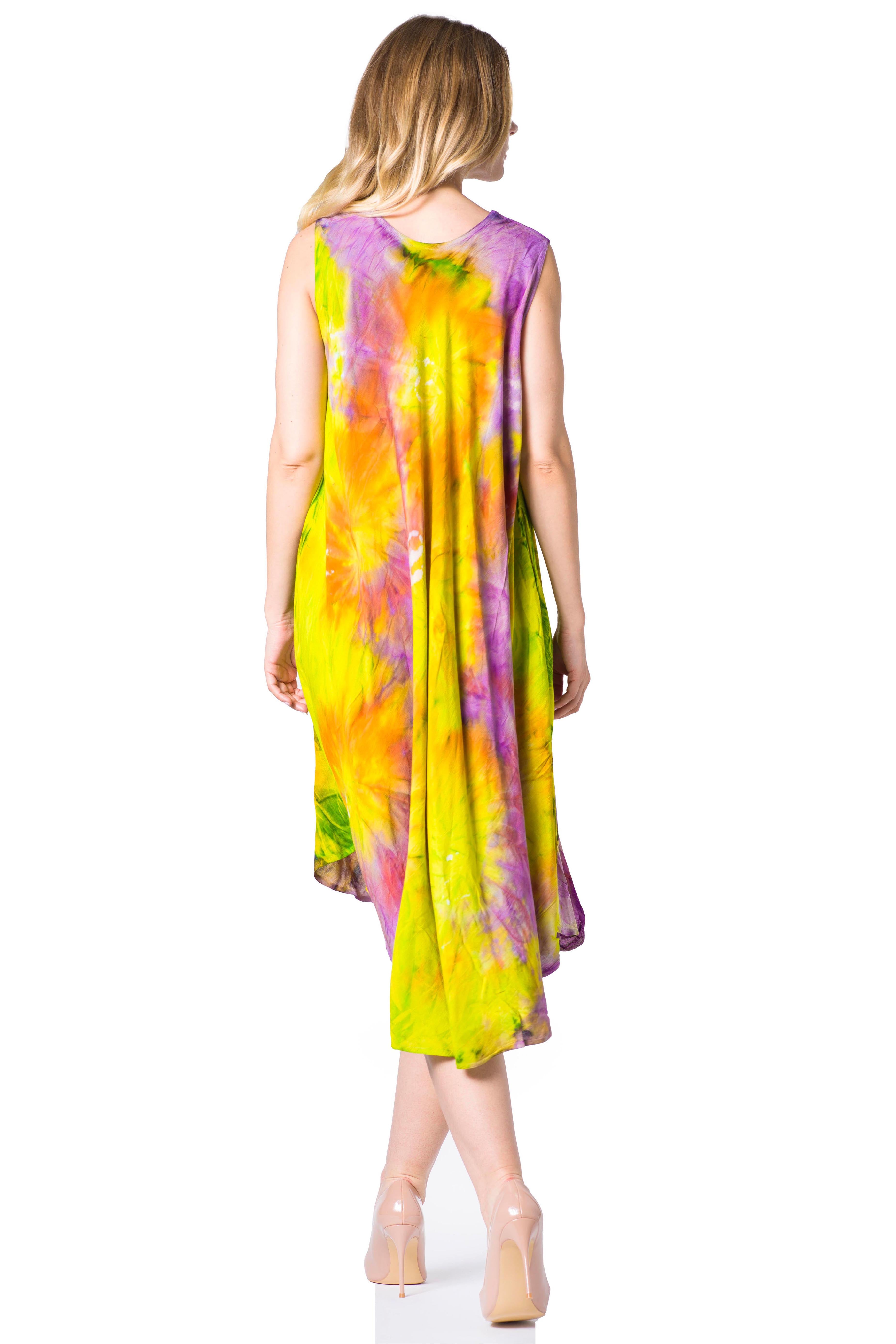 Woman wearing a colorful tie-dye dress on a white background