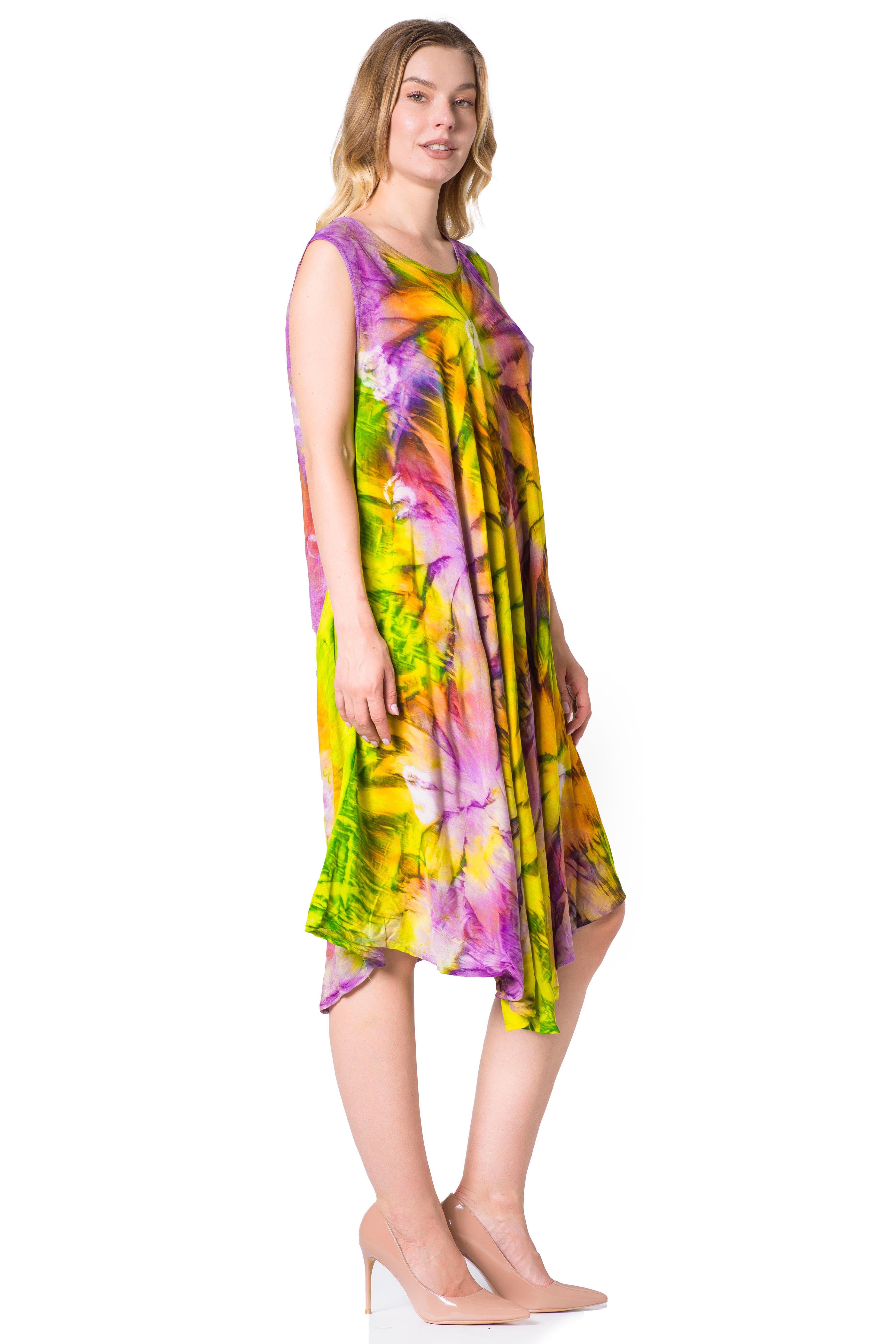 Woman wearing a colorful dress with a white background