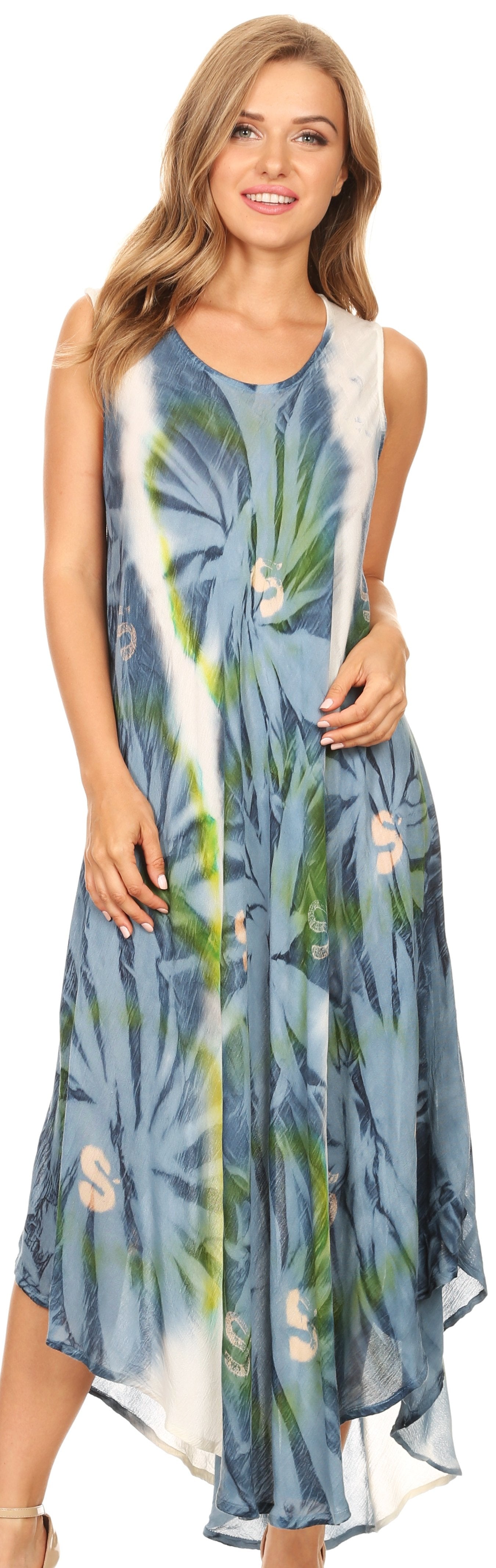 Woman wearing a blue floral dress on a white background