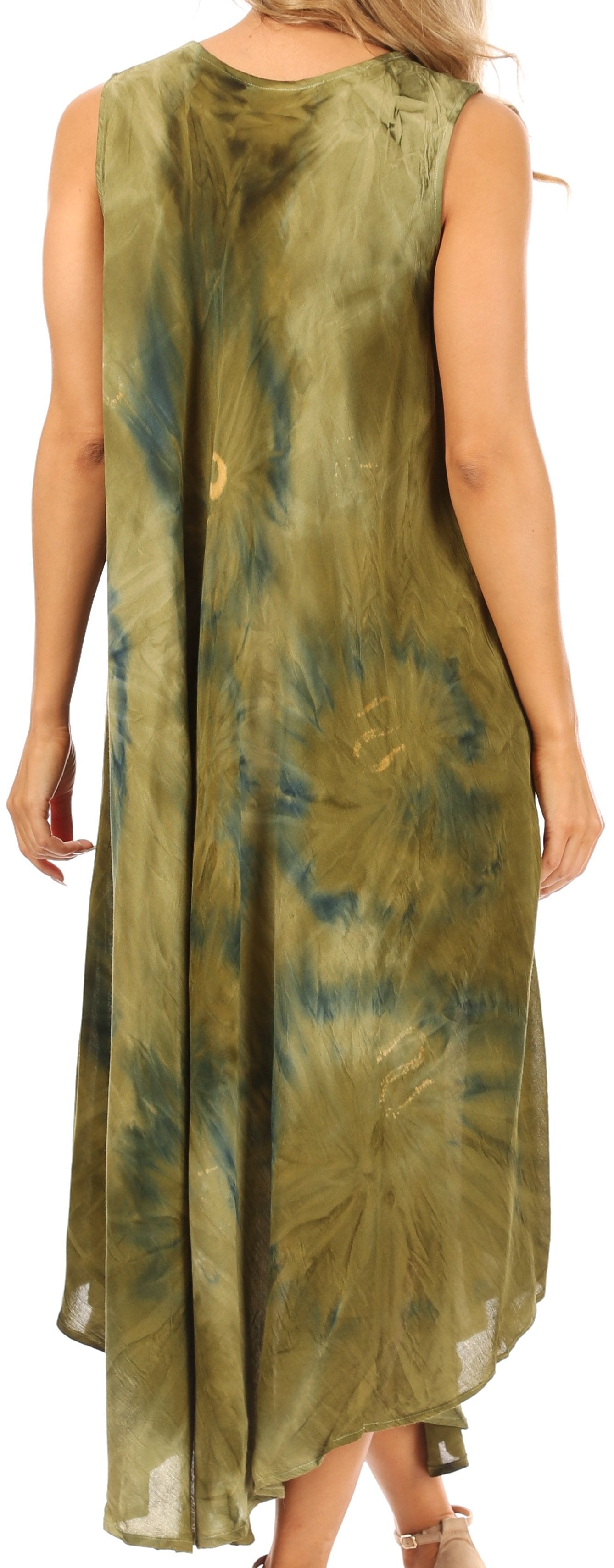 Woman wearing a sleeveless, long green dress with a tie-dye pattern on a white background