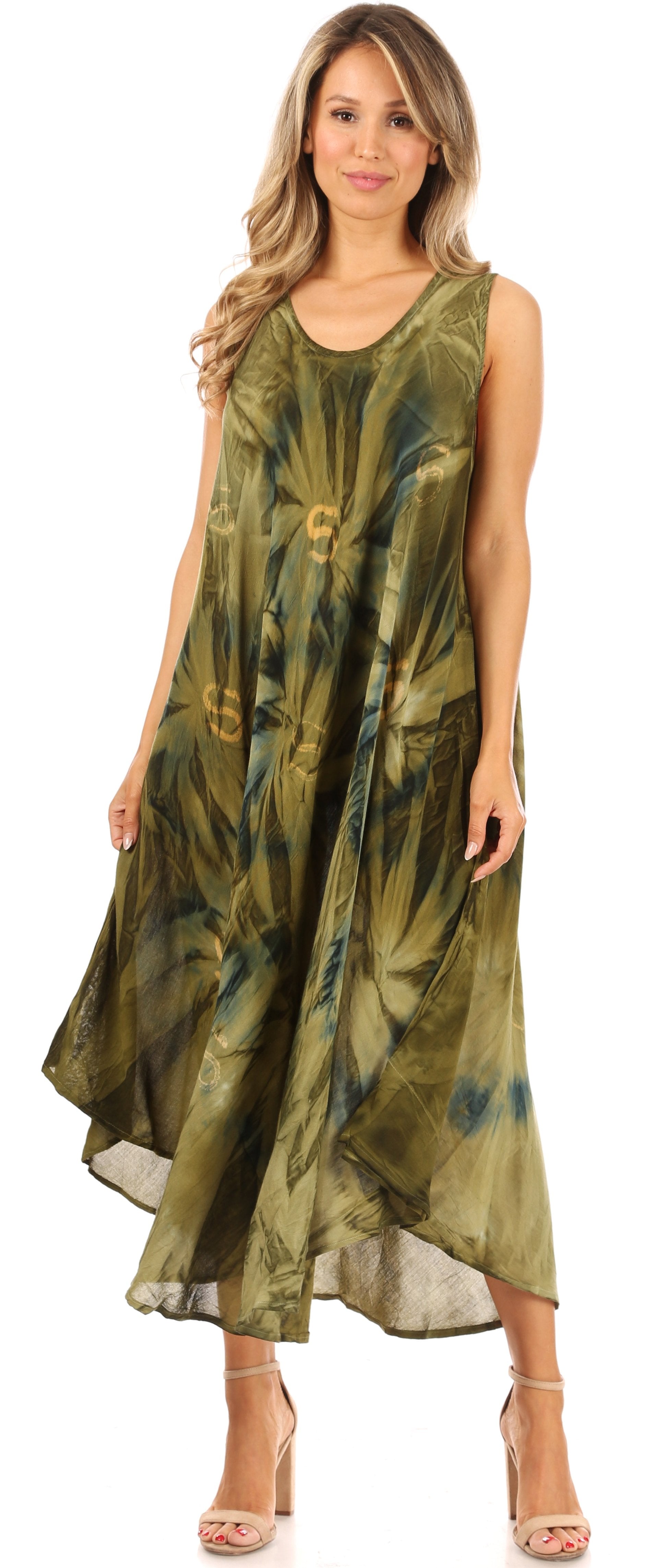 Woman wearing a green tie-dye dress on a white background