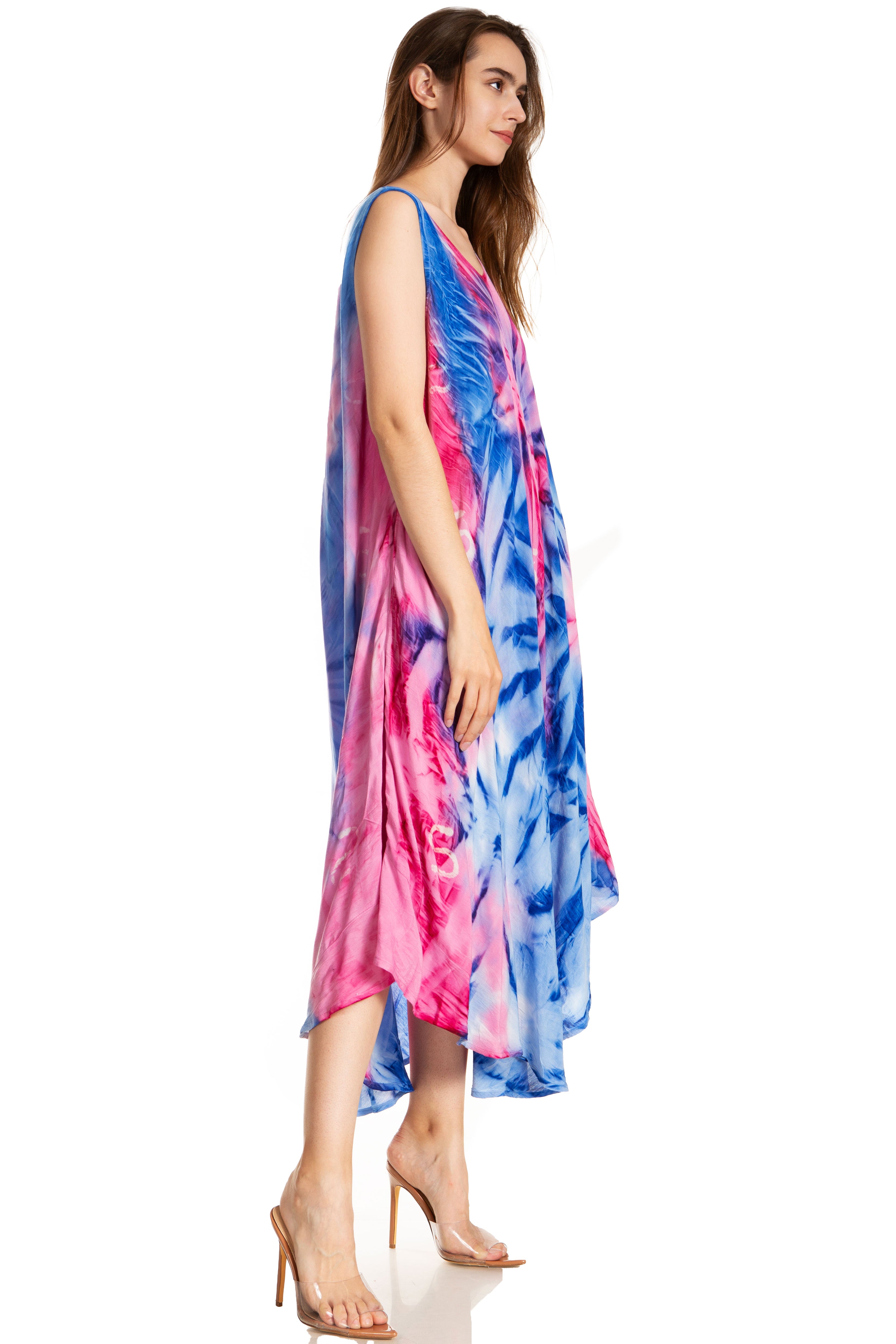 Woman wearing a colorful tie-dye dress on a white background