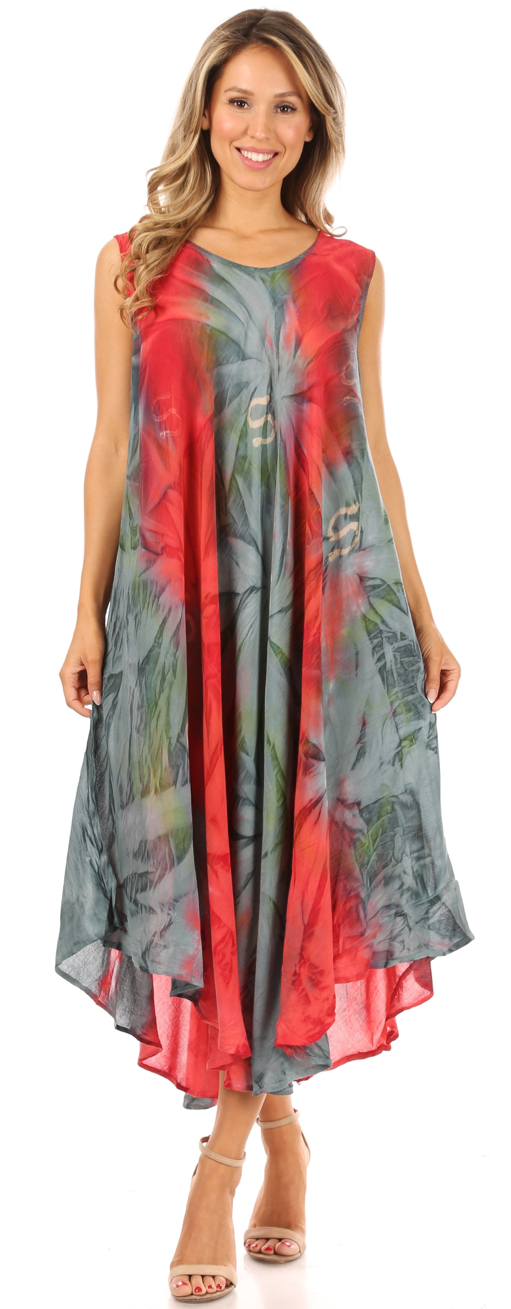 Woman wearing a sleeveless dress with red and gray floral pattern on a white background