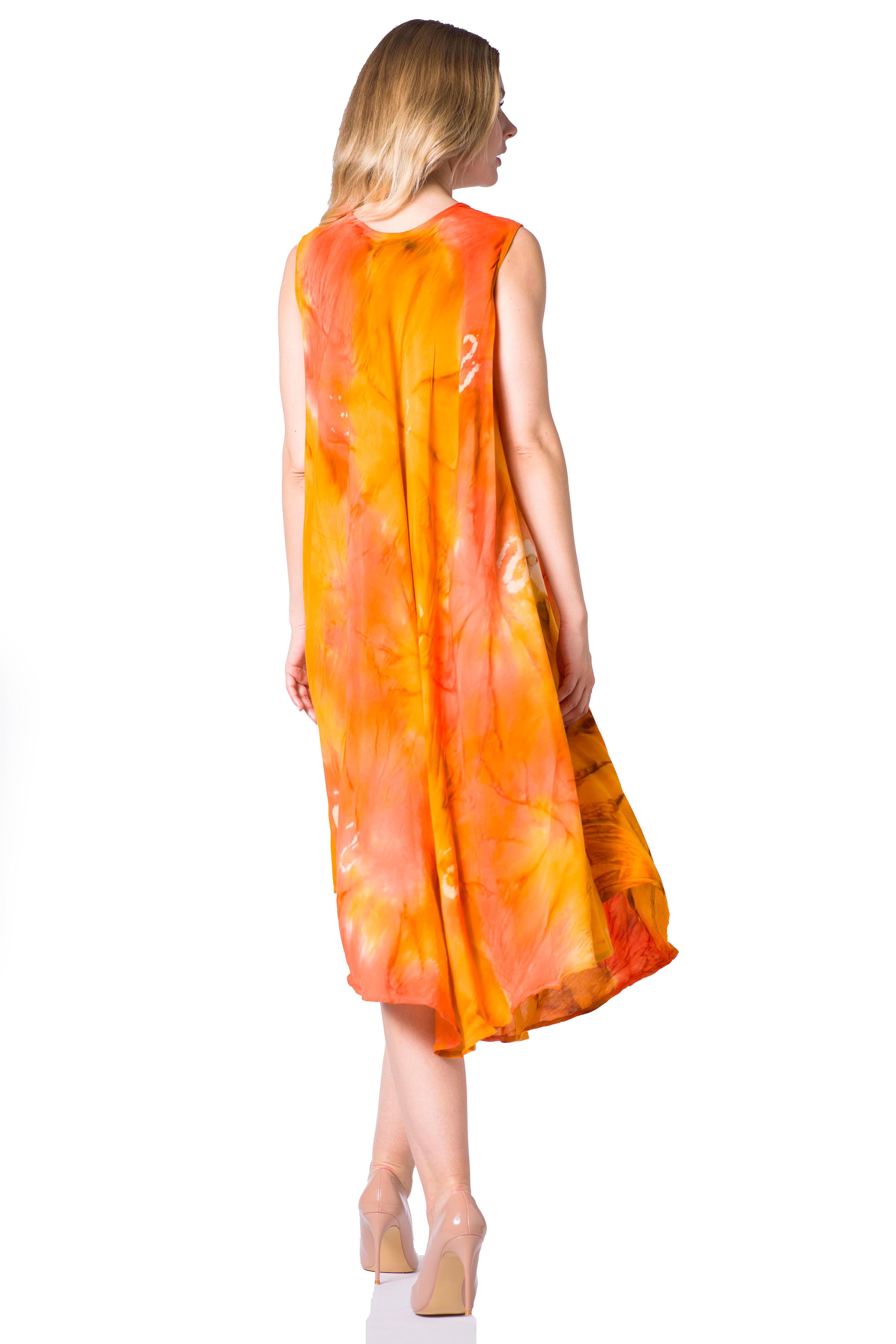Woman wearing an orange tie-dye dress on a white background