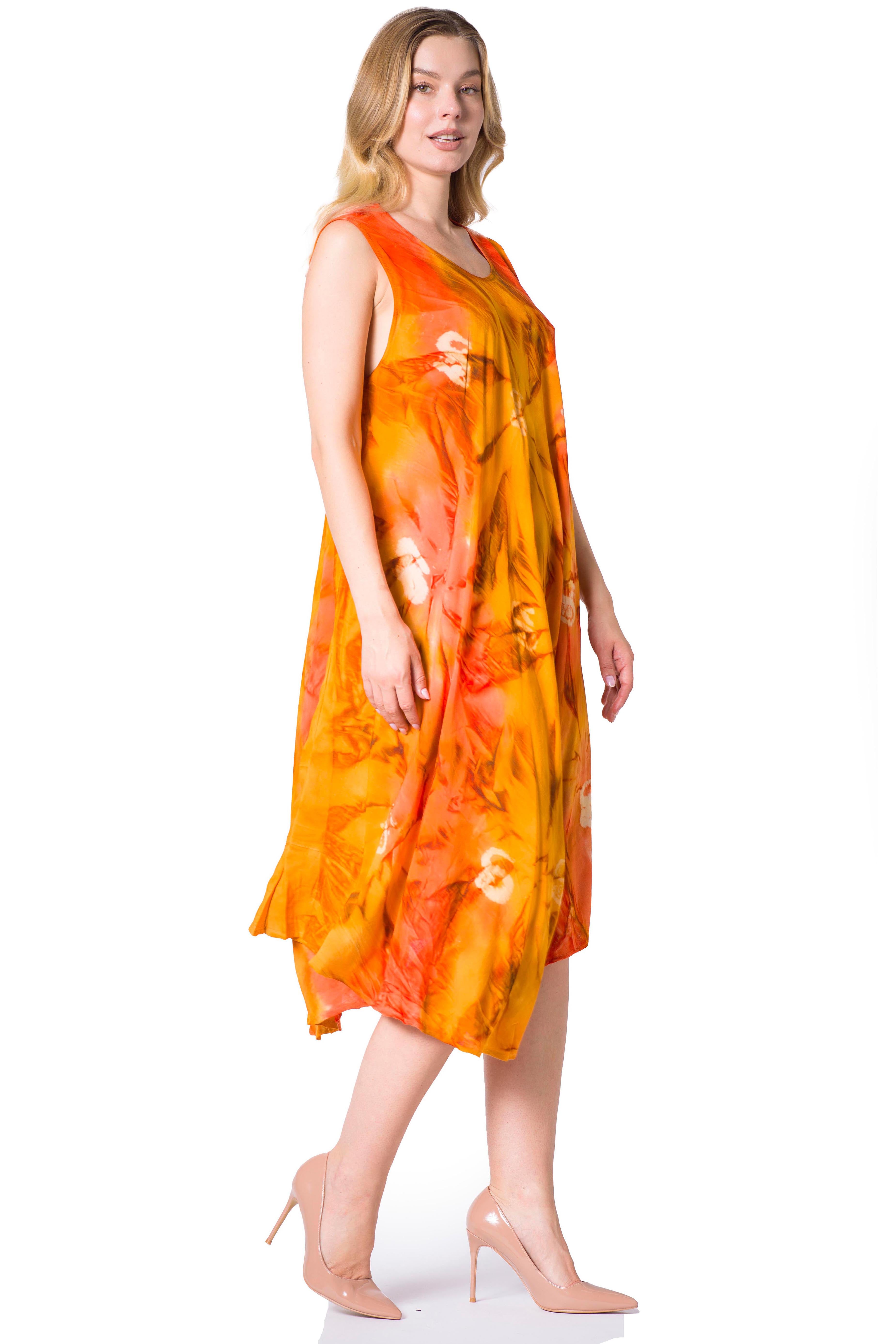 Woman wearing an orange and yellow floral dress on a white background