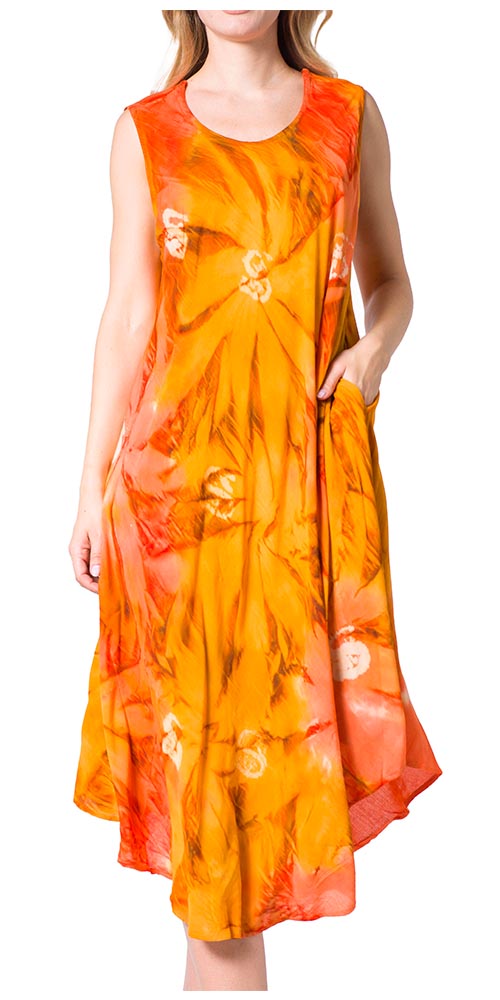 Orange tie-dye dress worn by a model on a white background