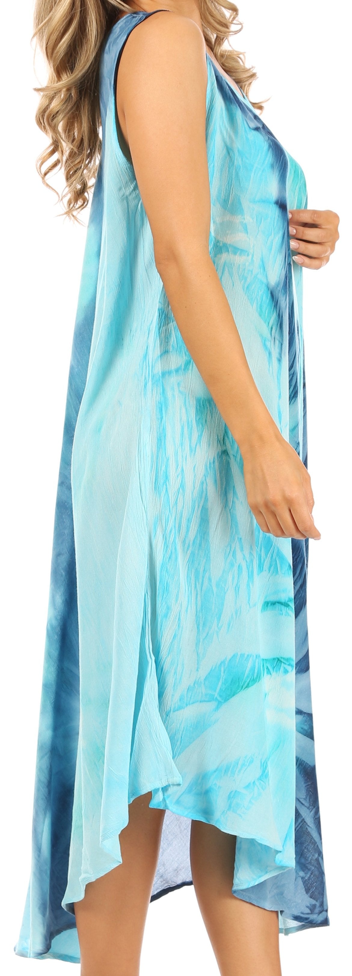 Woman wearing a blue tie-dye dress with a sleeveless design.
