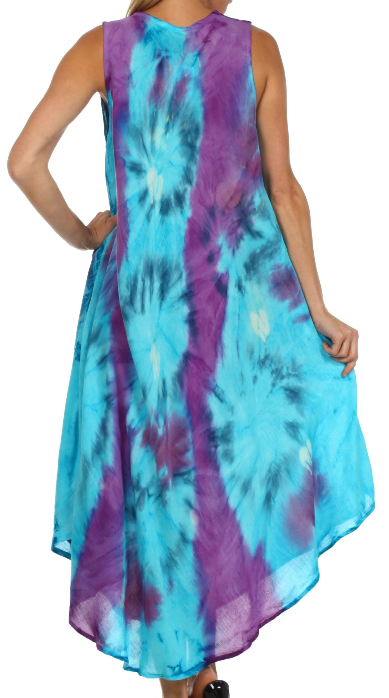 Tie-dye dress with blue and purple pattern on a white background