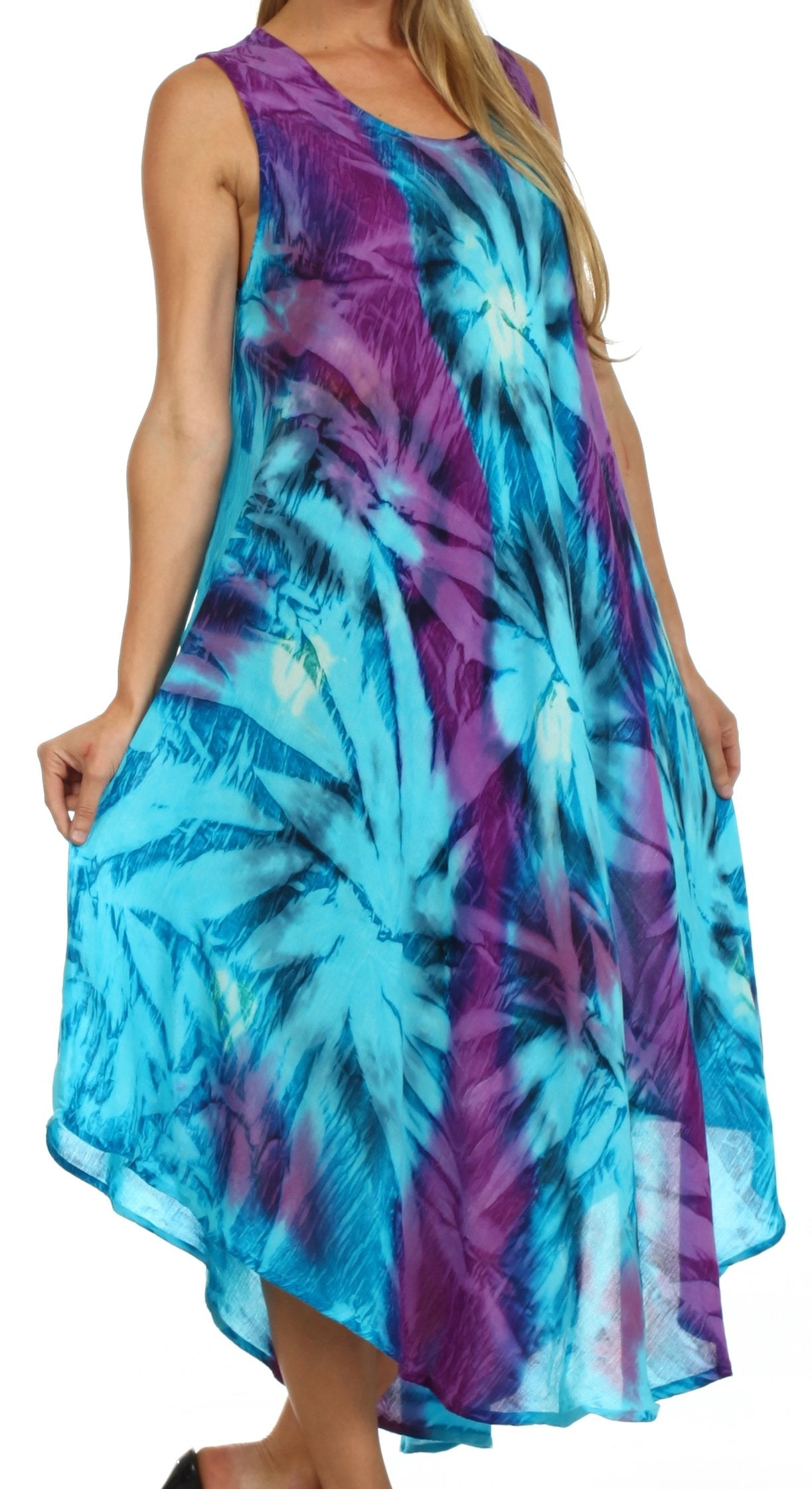 Tie-dye dress with blue and purple patterns on a white background