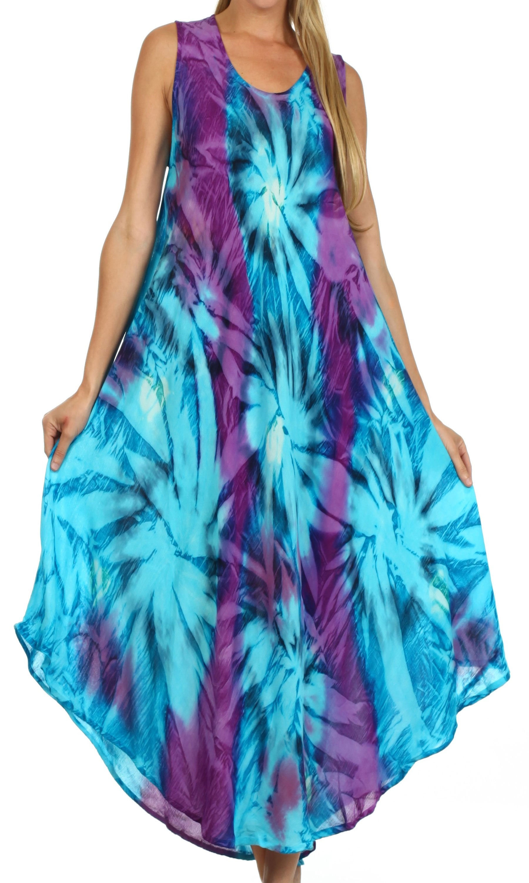 Tie-dye dress with blue and purple patterns on a white background