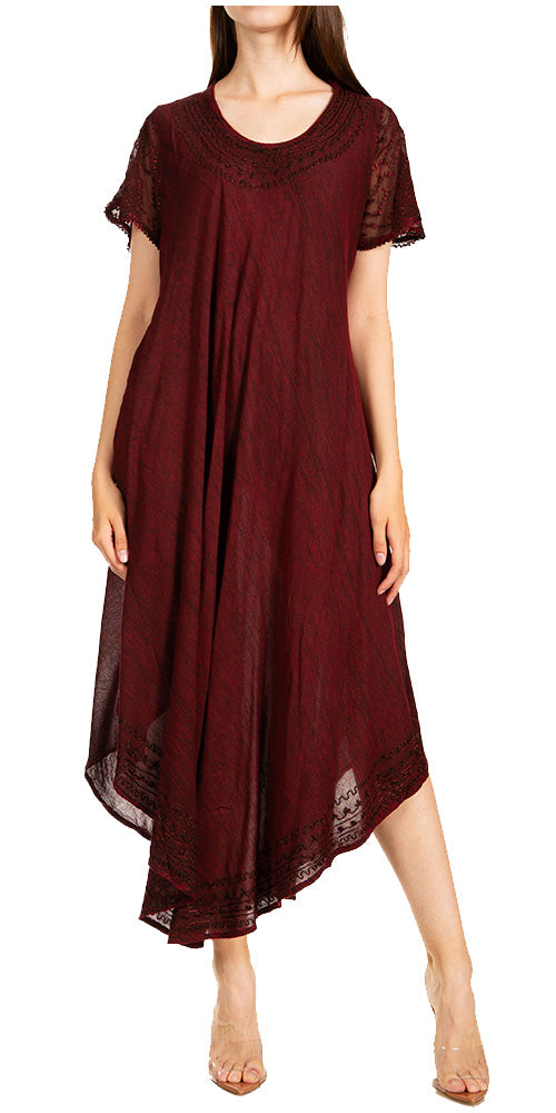 Maroon dress with lace details on a white background