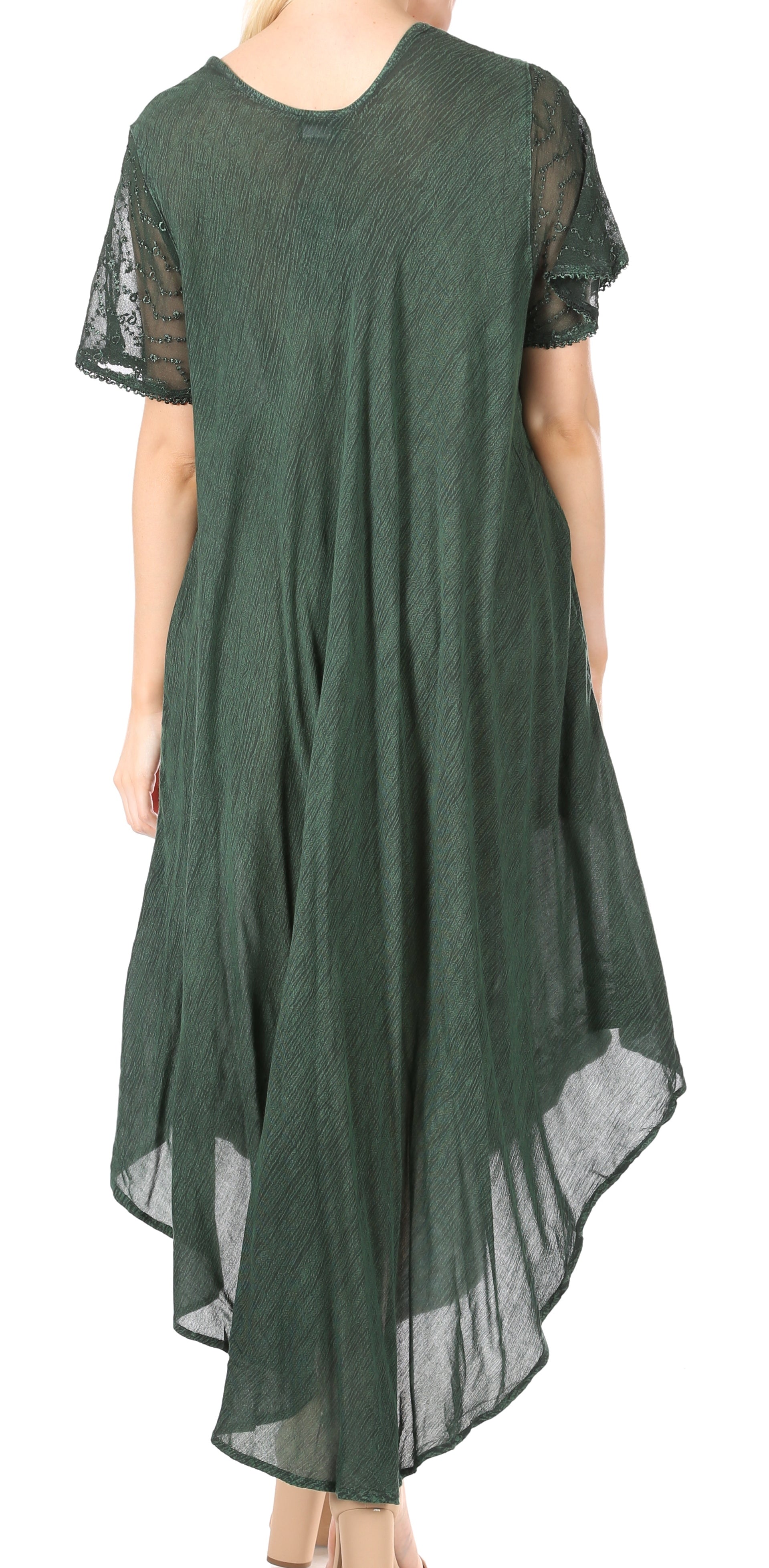 Green dress with sheer sleeves on a white background