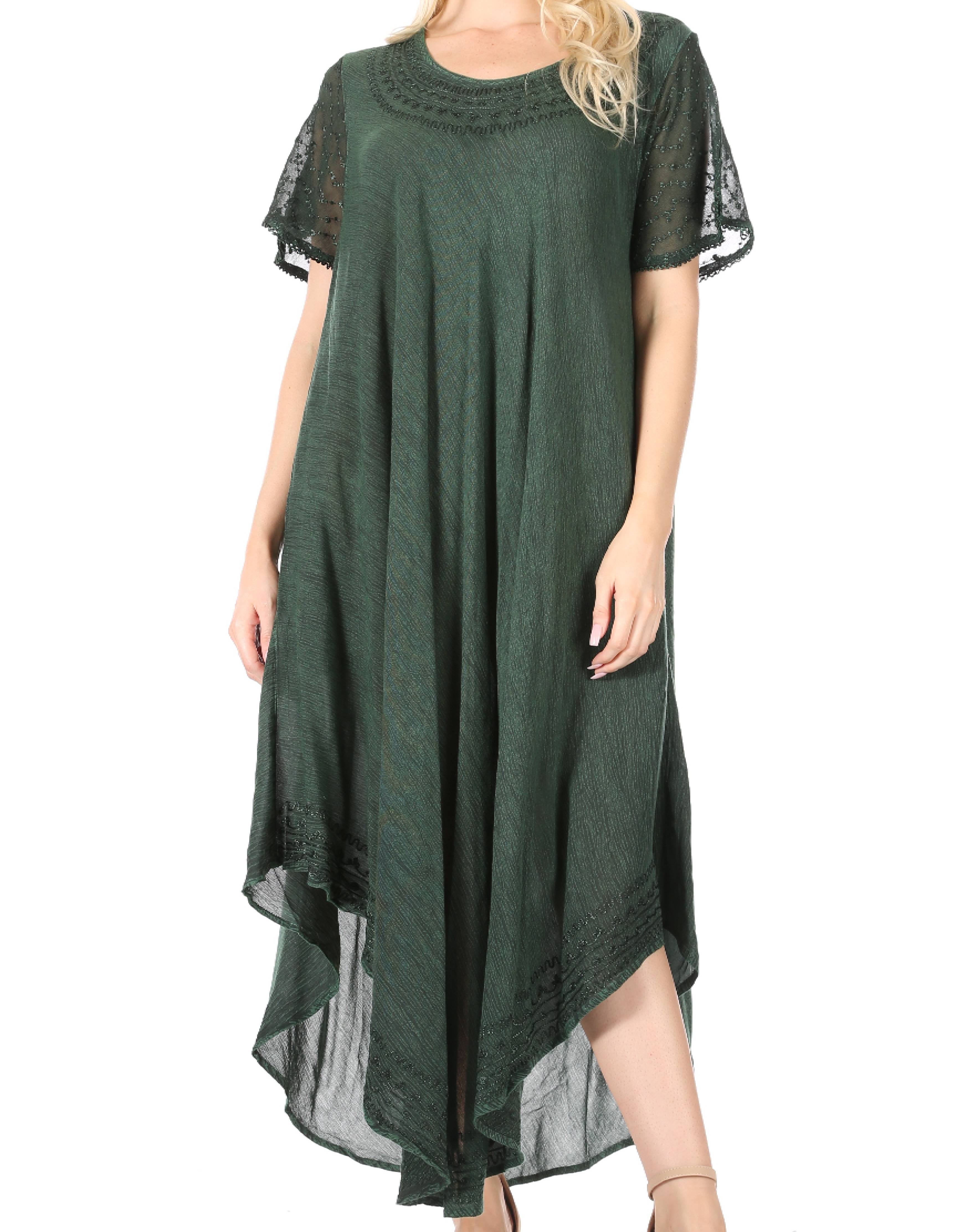 Green dress with sheer sleeves on a white background