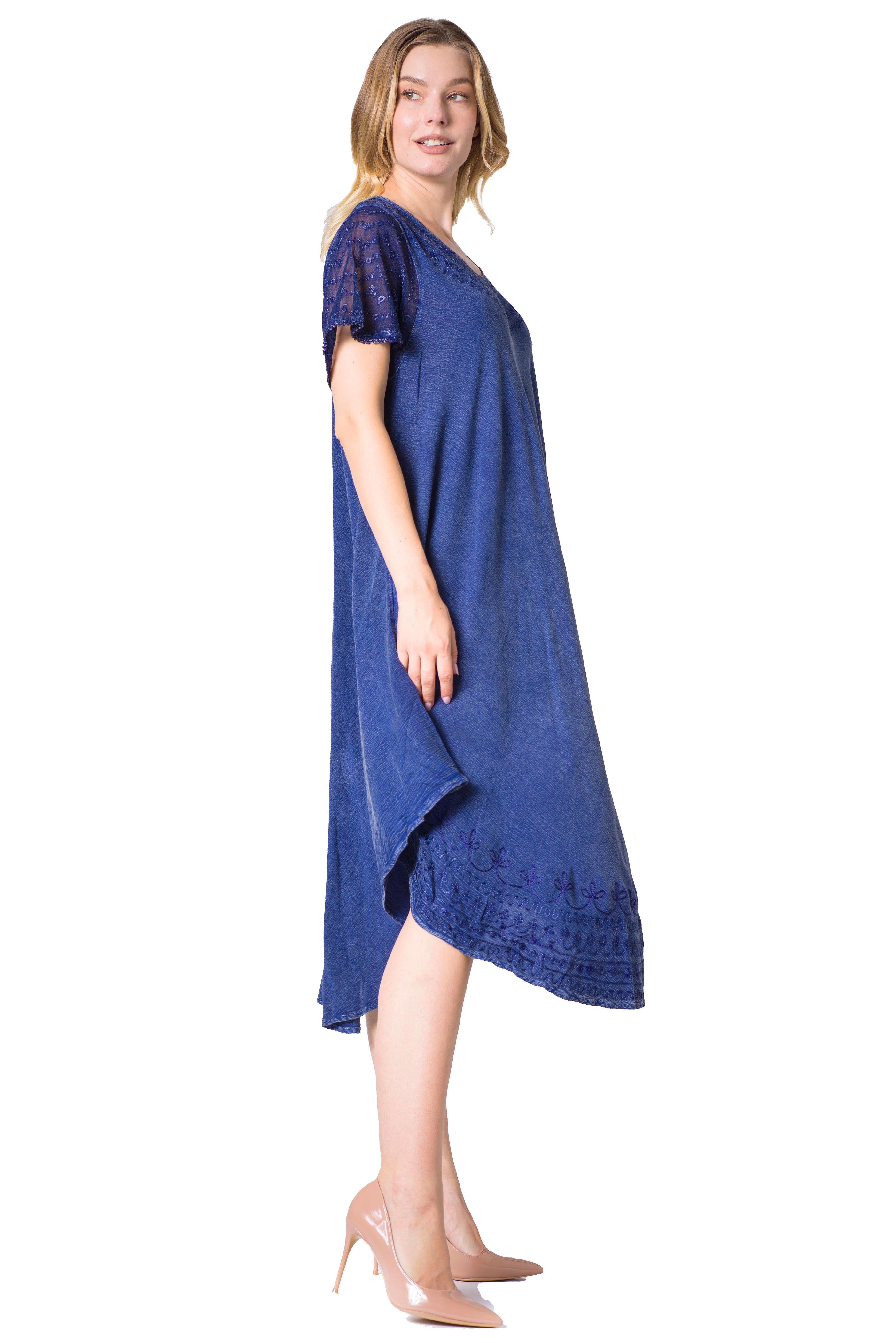 Woman wearing a blue dress on a white background