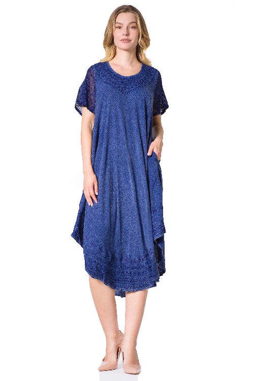 Woman wearing a blue dress on a white background