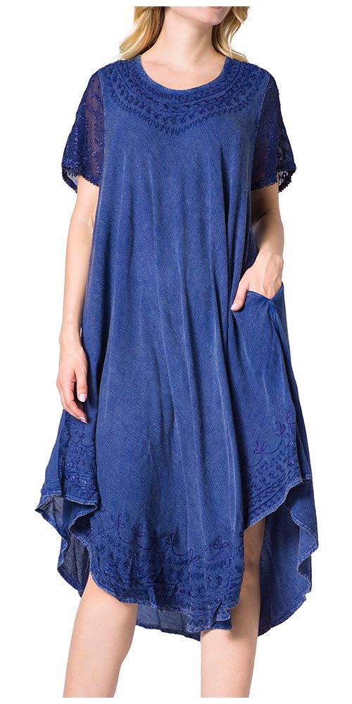 Blue dress with lace details on a white background
