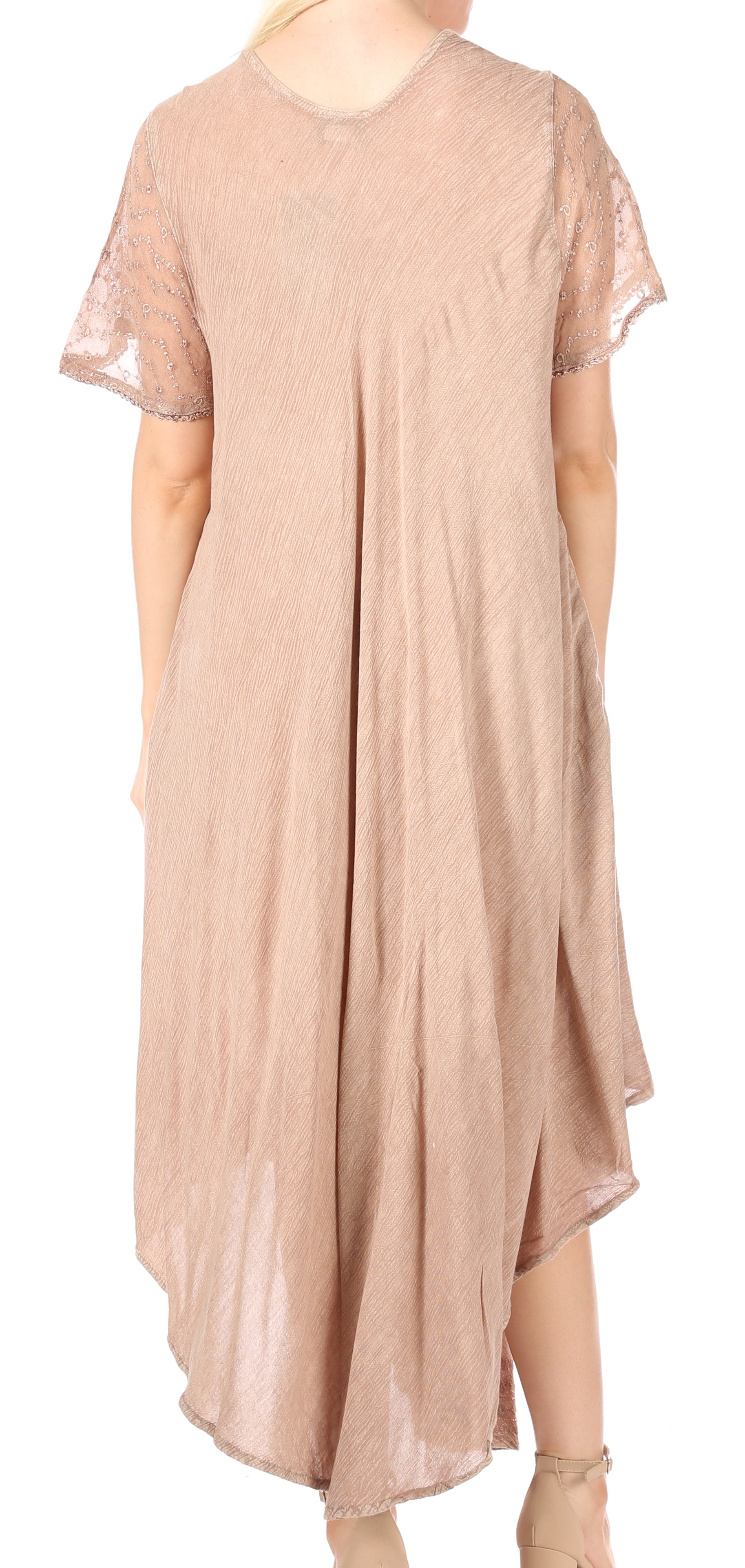 Beige dress with lace sleeves on a white background