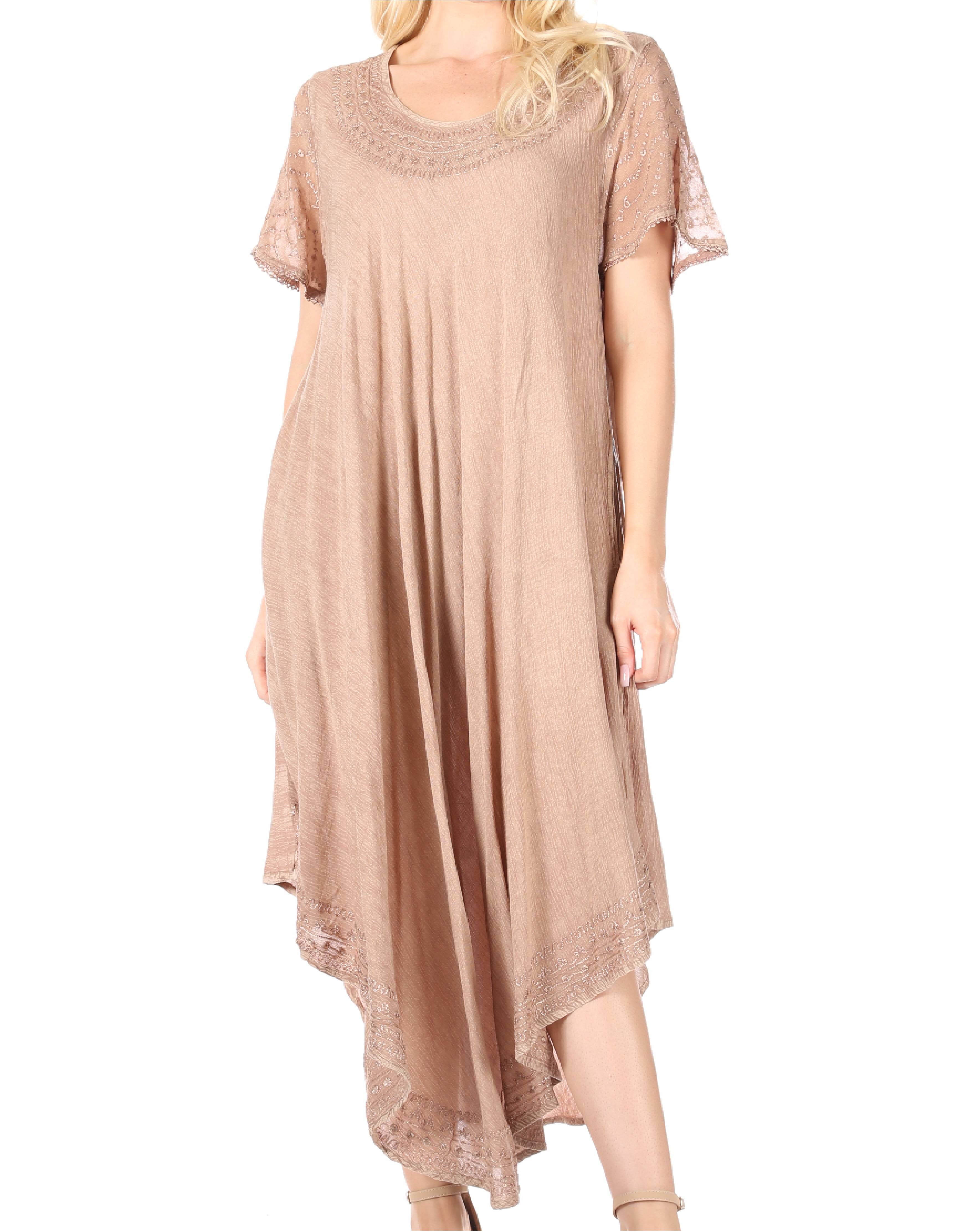 Beige dress with lace sleeves and hem on a white background