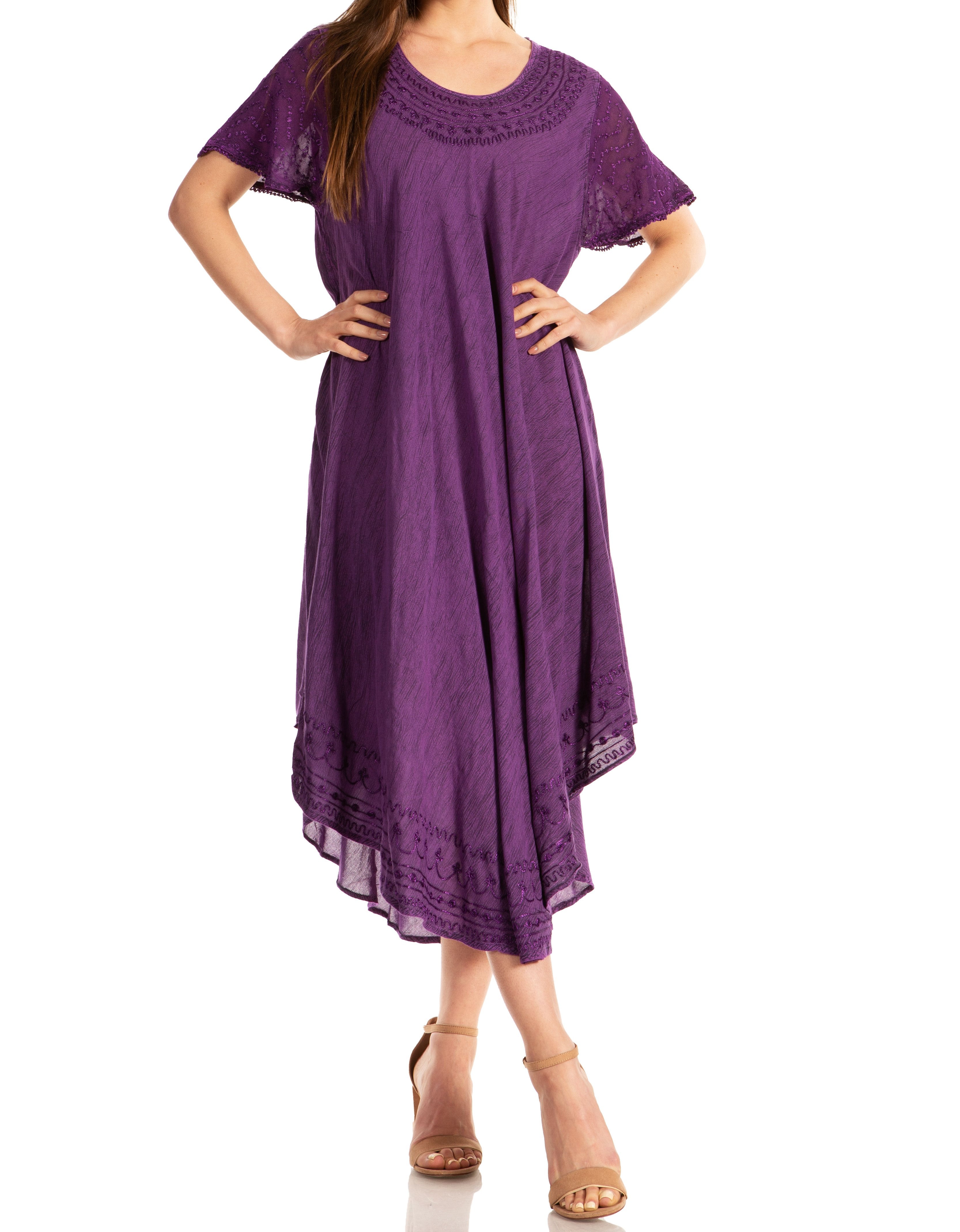 Purple dress with lace details worn by a model on a white background