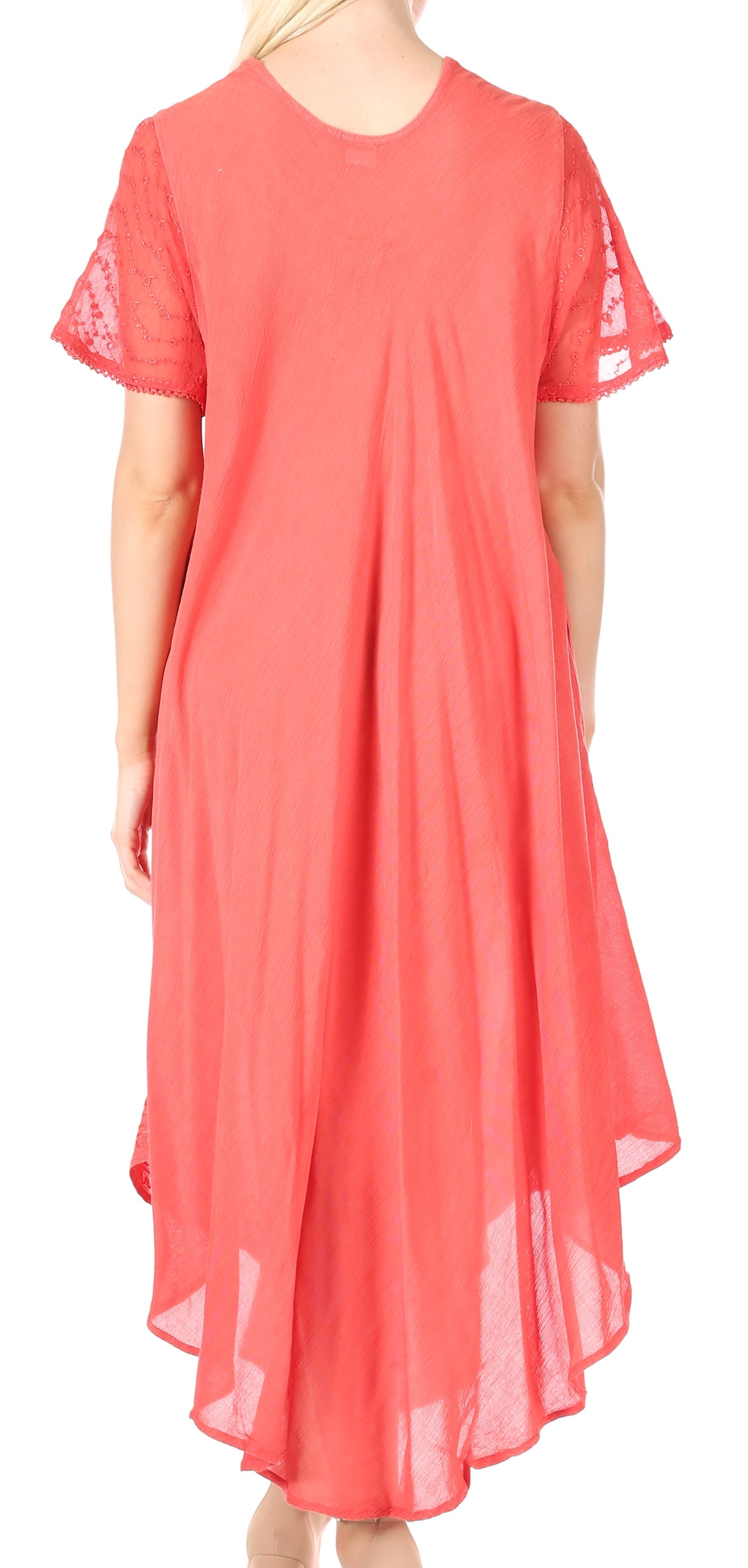 Coral dress with lace sleeves on a white background