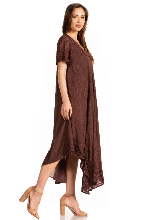 Woman wearing a brown dress on a white background