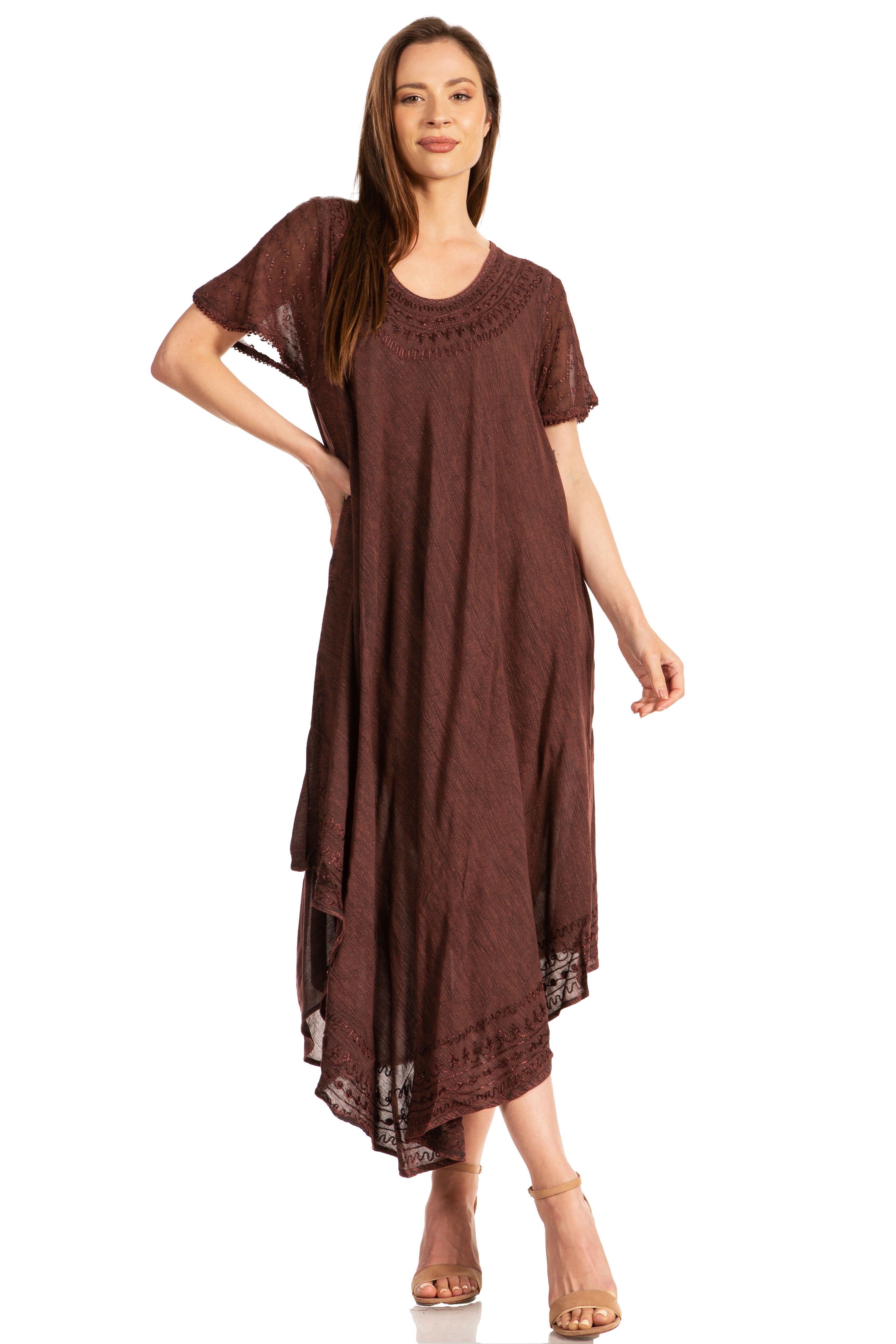Woman wearing a brown dress on a white background