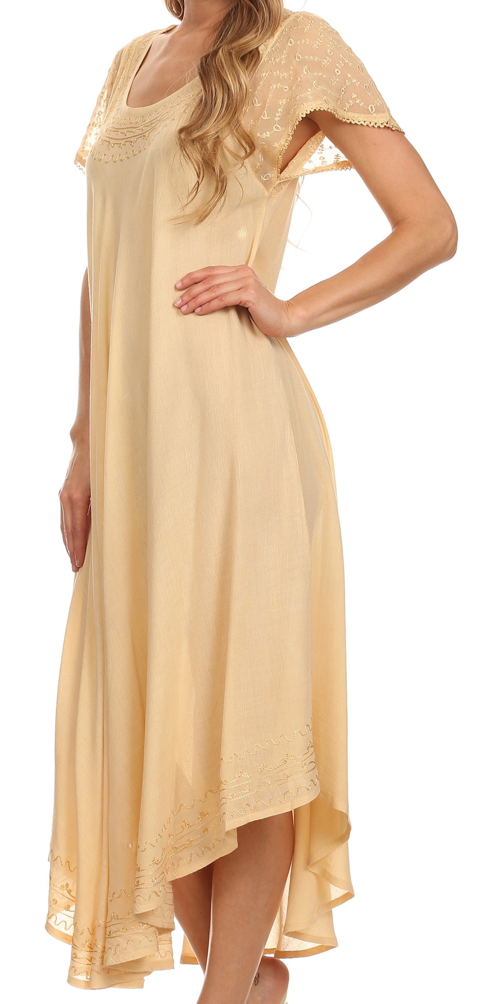 Woman wearing a beige lace nightgown on a white background