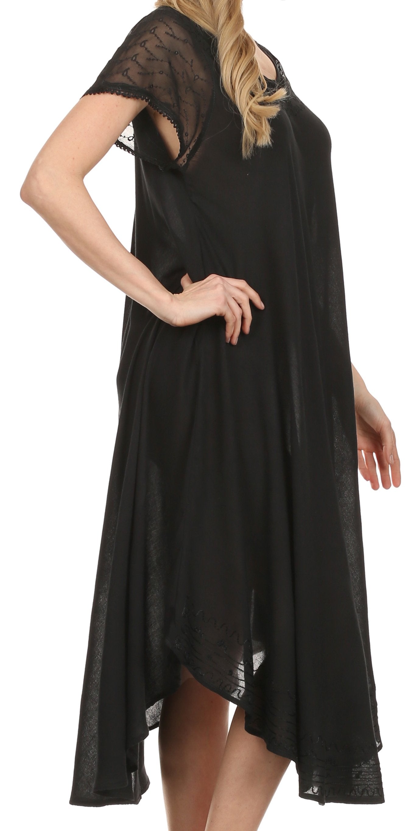 Black dress with sheer sleeves and back on a white background