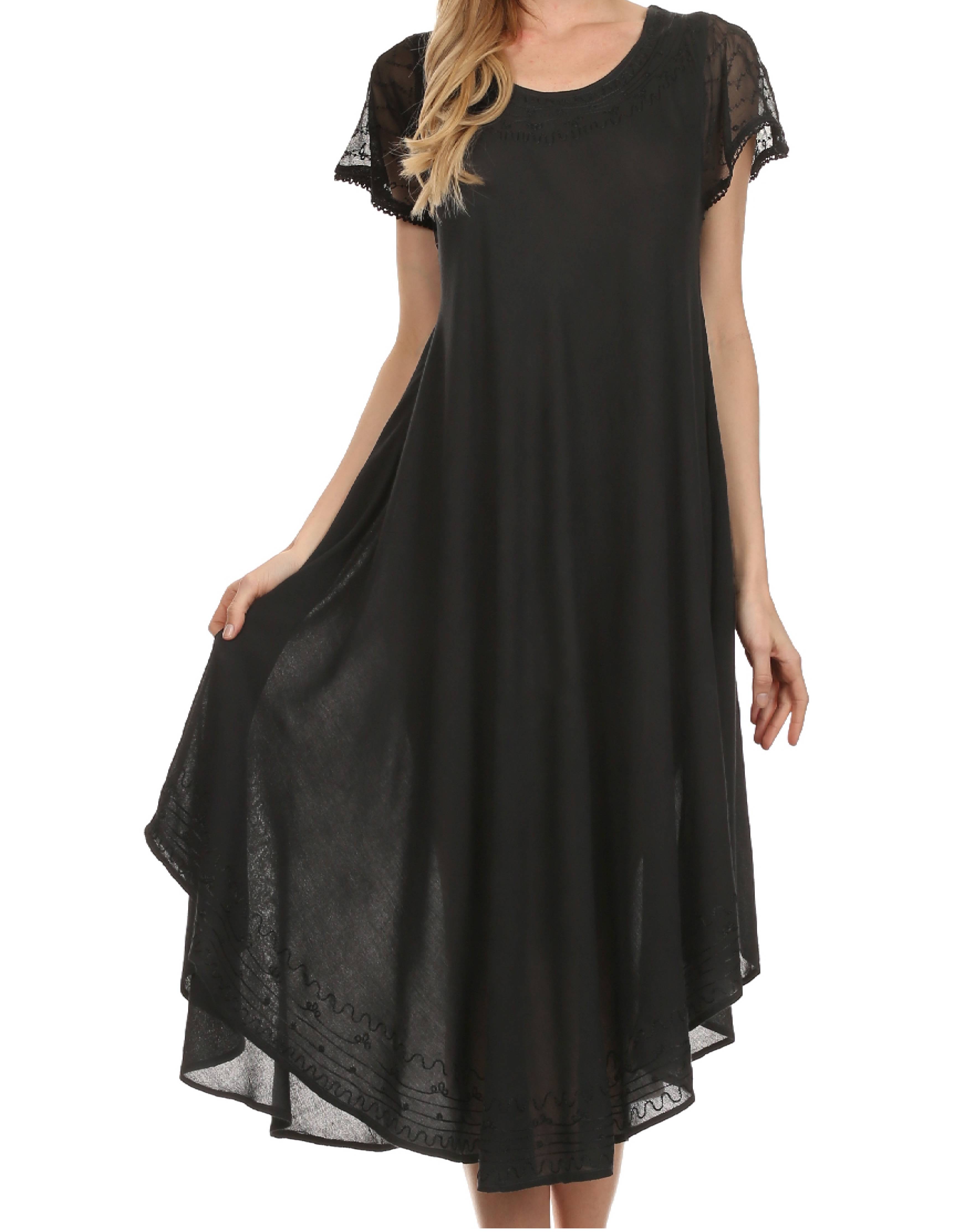 Black dress with sheer sleeves and hem on a white background
