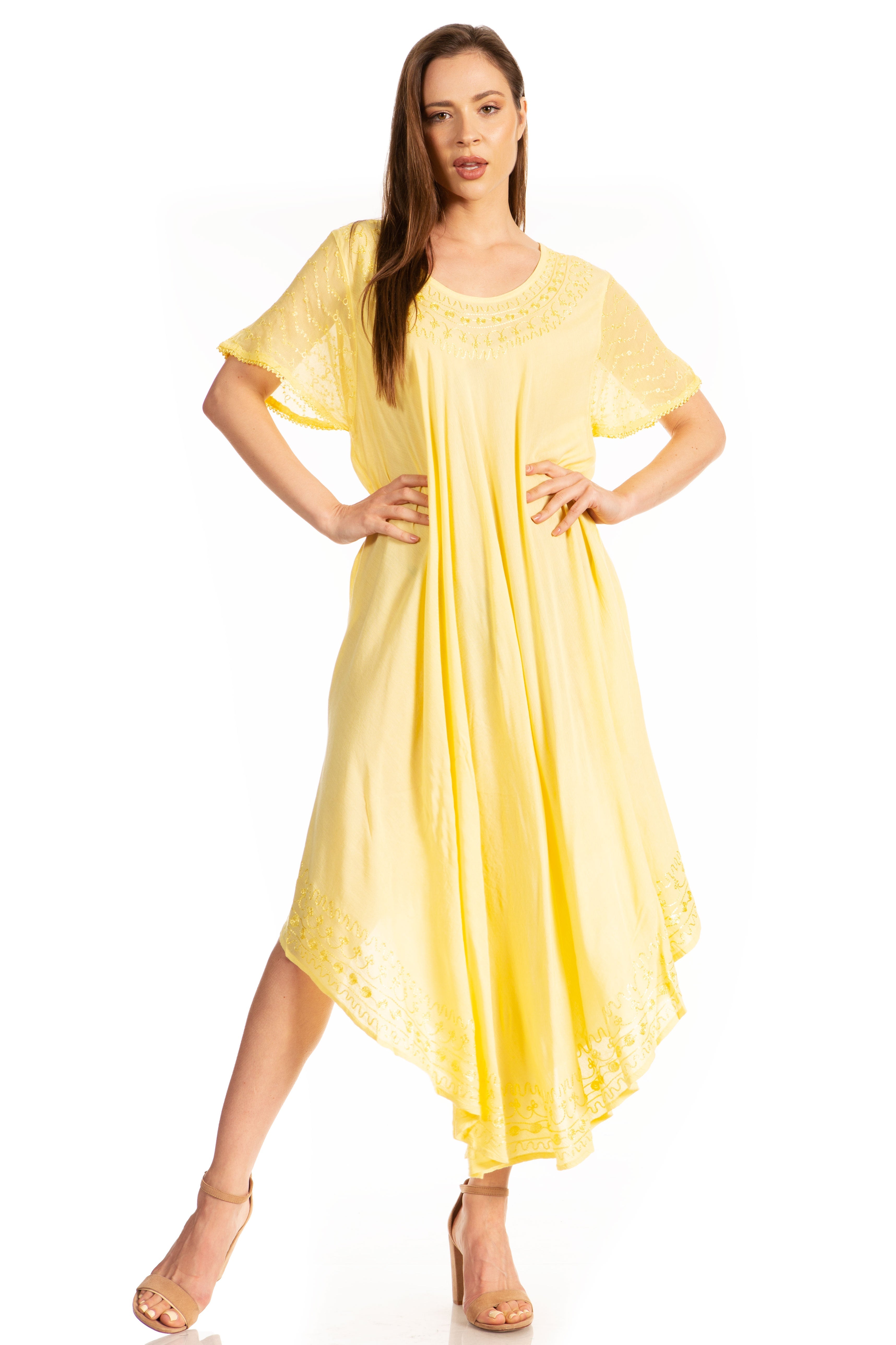 Woman wearing a yellow dress on a white background