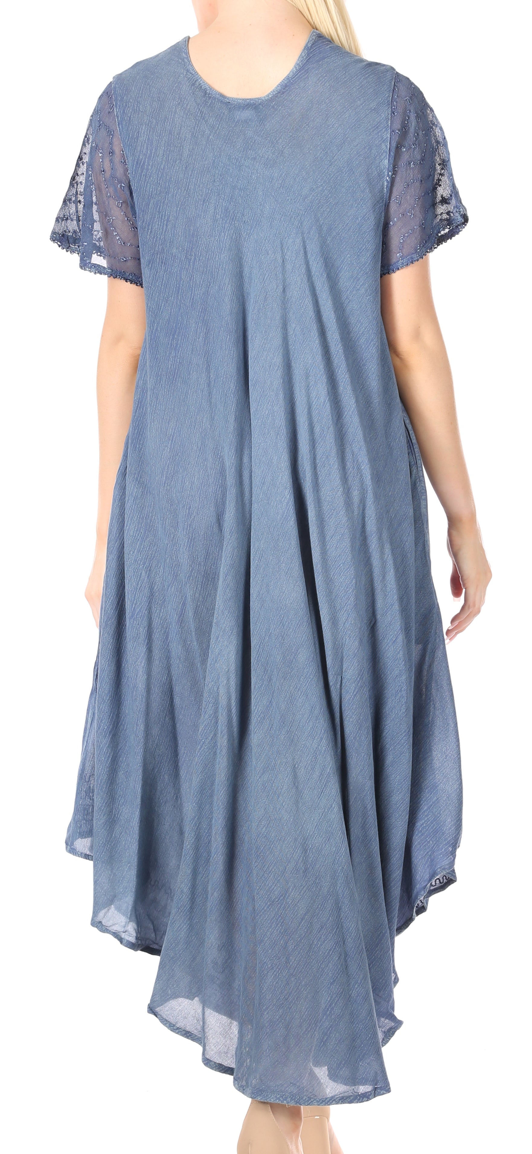 Blue dress with lace sleeves worn by a model on a white background