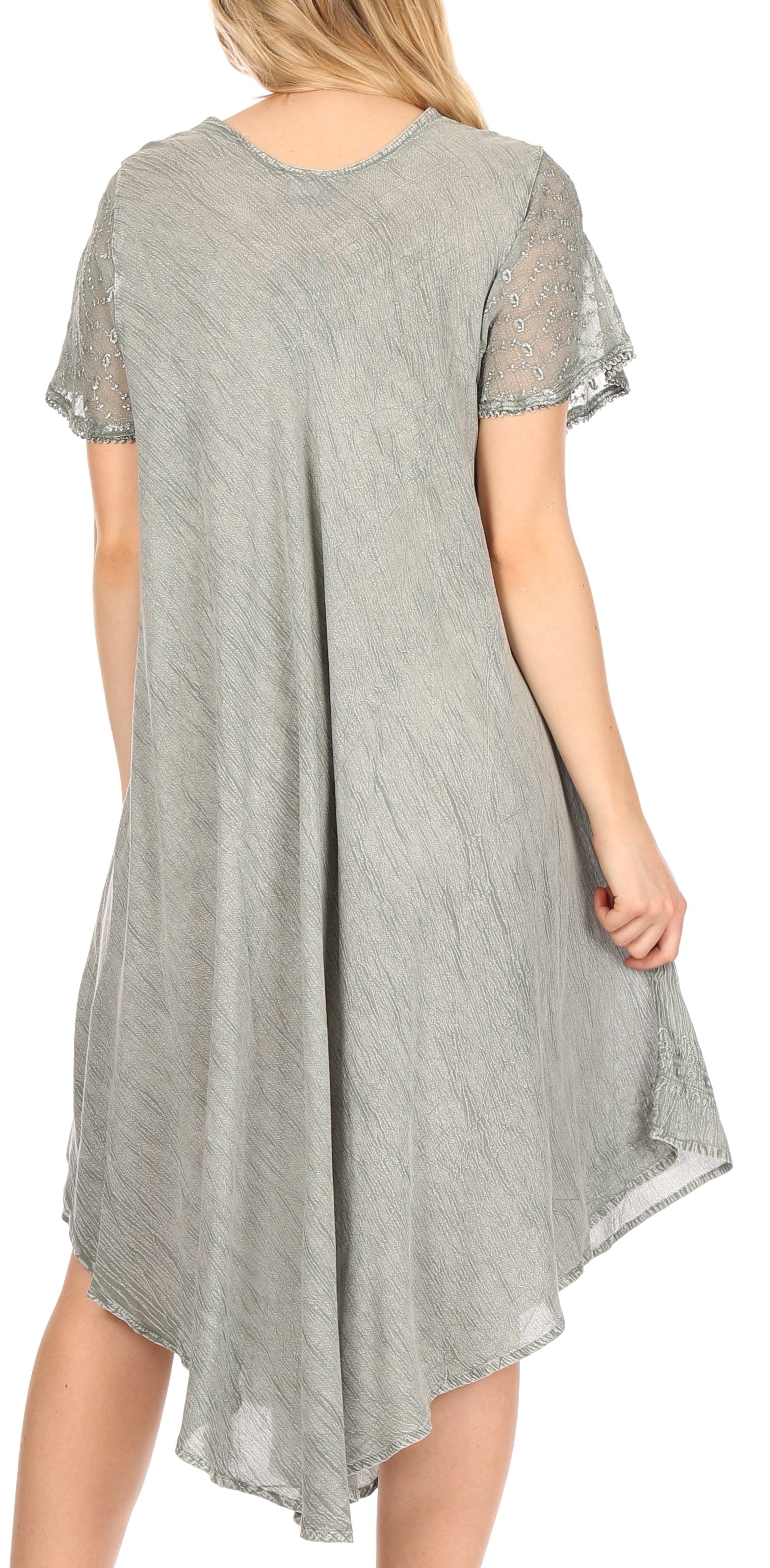 Gray dress with lace sleeves and hem on a white background