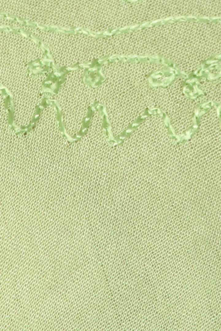 Close-up of green fabric with intricate lace detailing