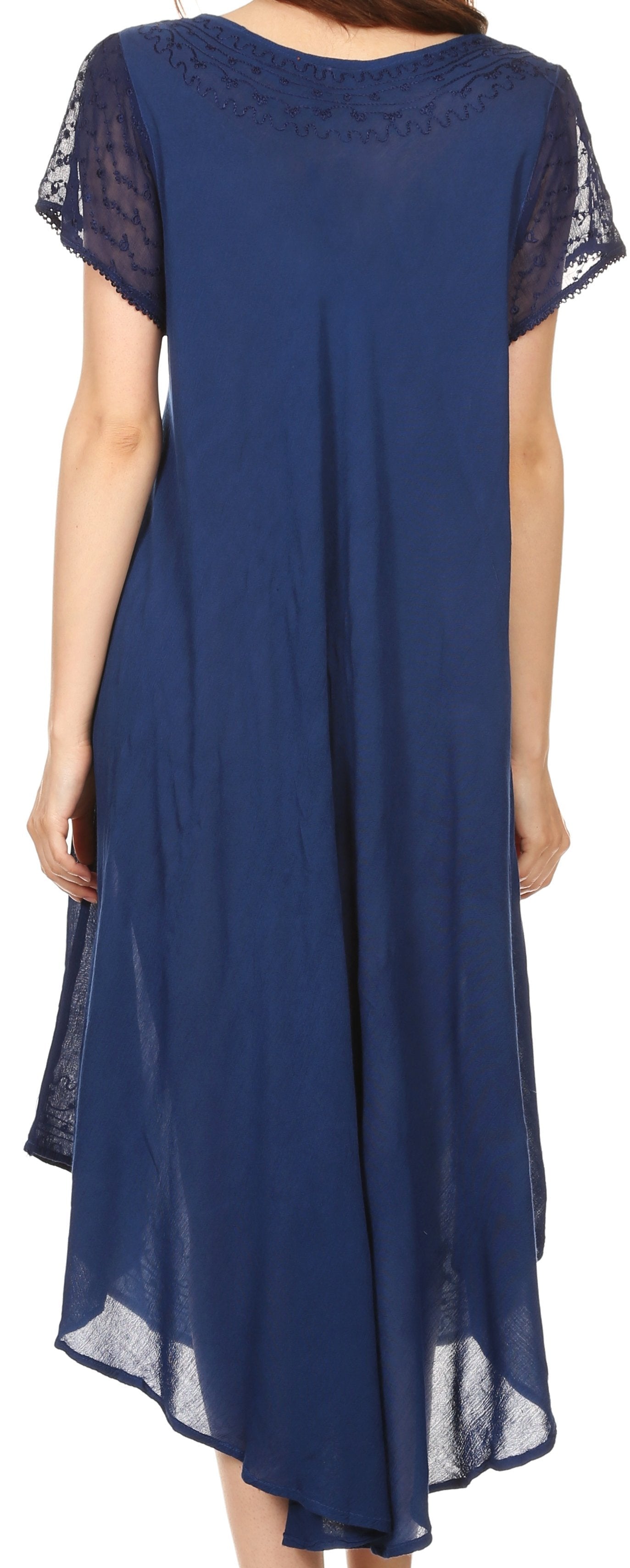 Navy blue dress with lace sleeves and hem on a plain background