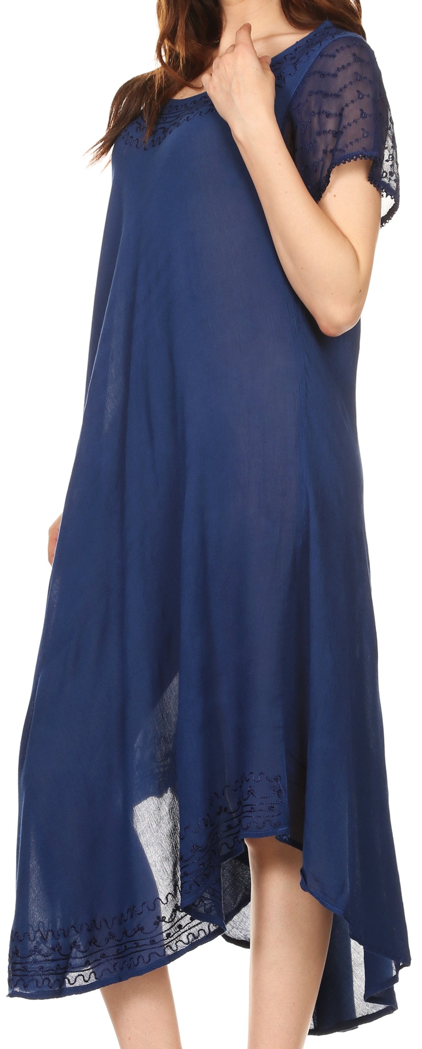 Navy blue dress with lace details on a white background
